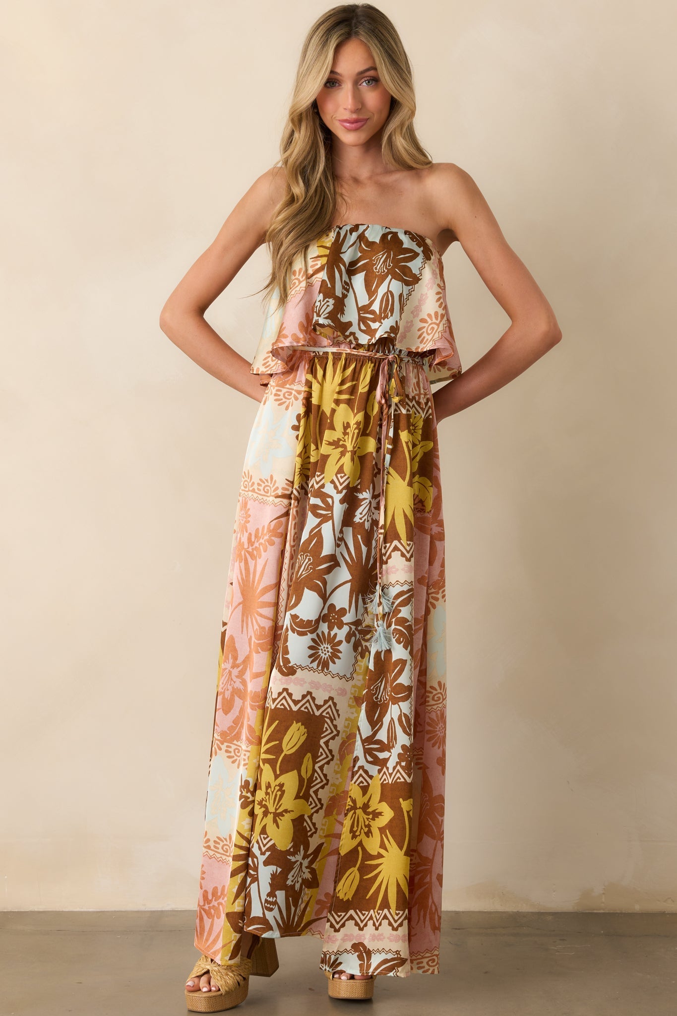 All Of The Time Pink Coral Patchwork Print Strapless Maxi Dress