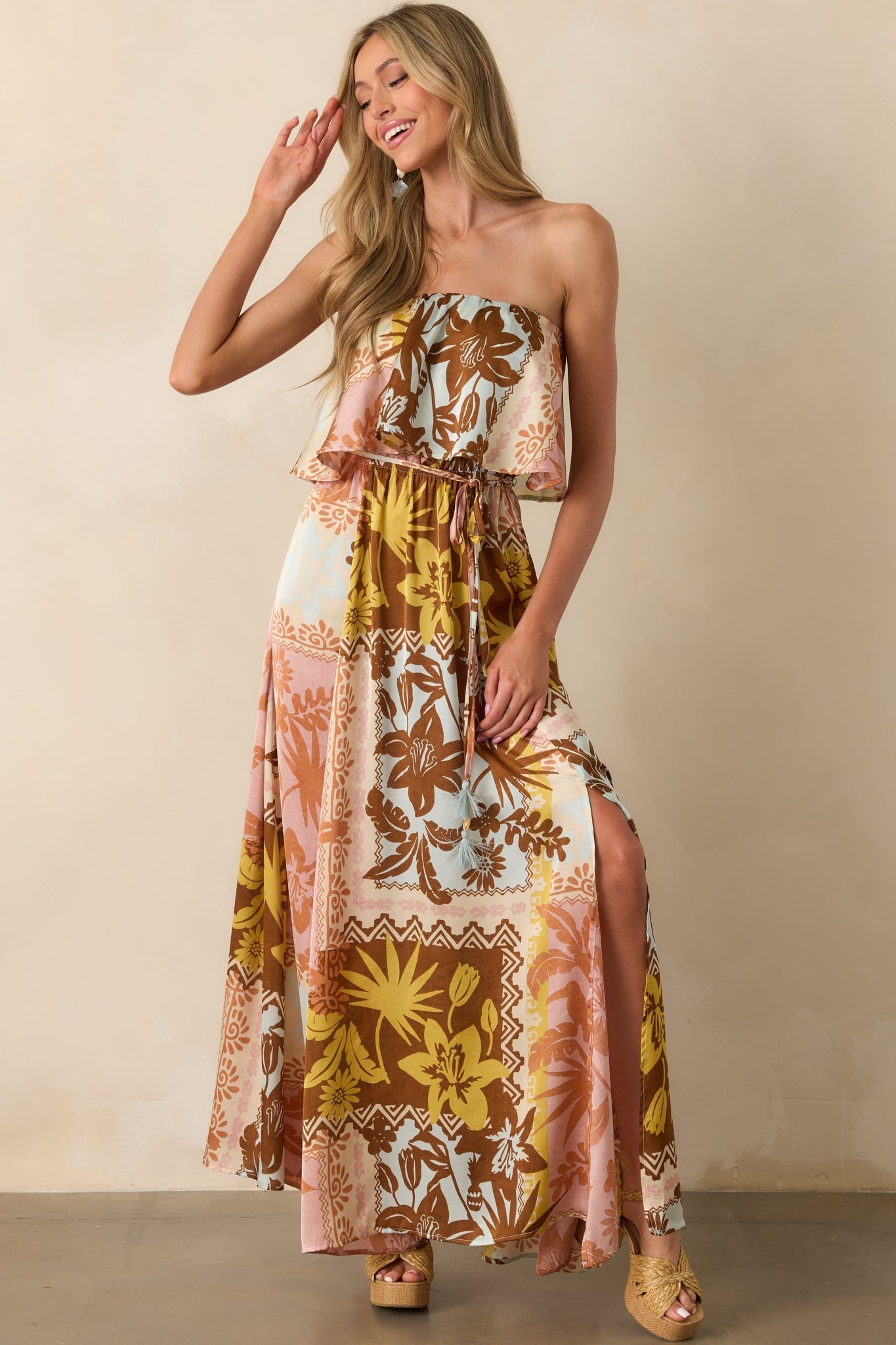 All Of The Time Pink Coral Patchwork Print Strapless Maxi Dress