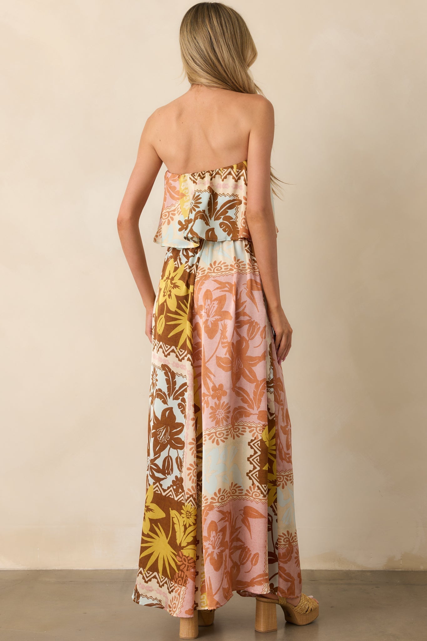 All Of The Time Pink Coral Patchwork Print Strapless Maxi Dress