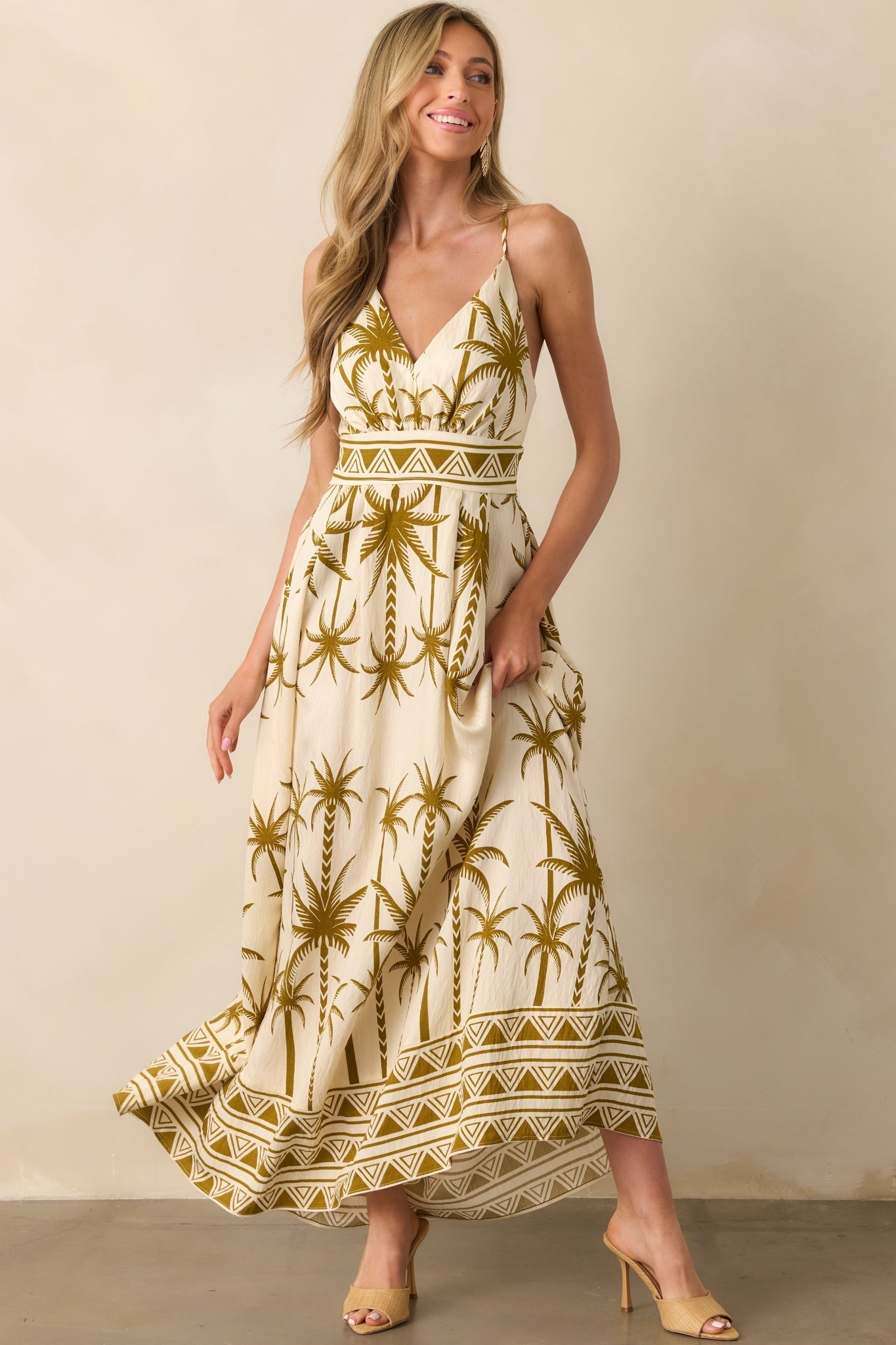 Found My Happy Place Tan Tropical Print Open Back Maxi Dress