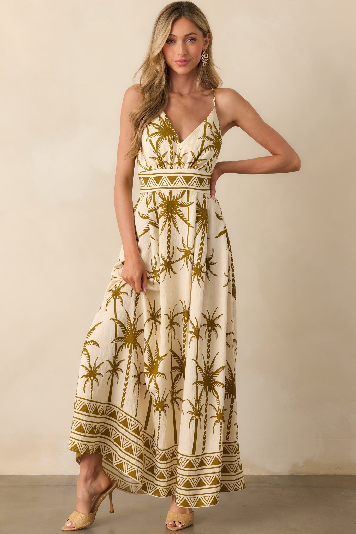 Found My Happy Place Tan Tropical Print Open Back Maxi Dress
