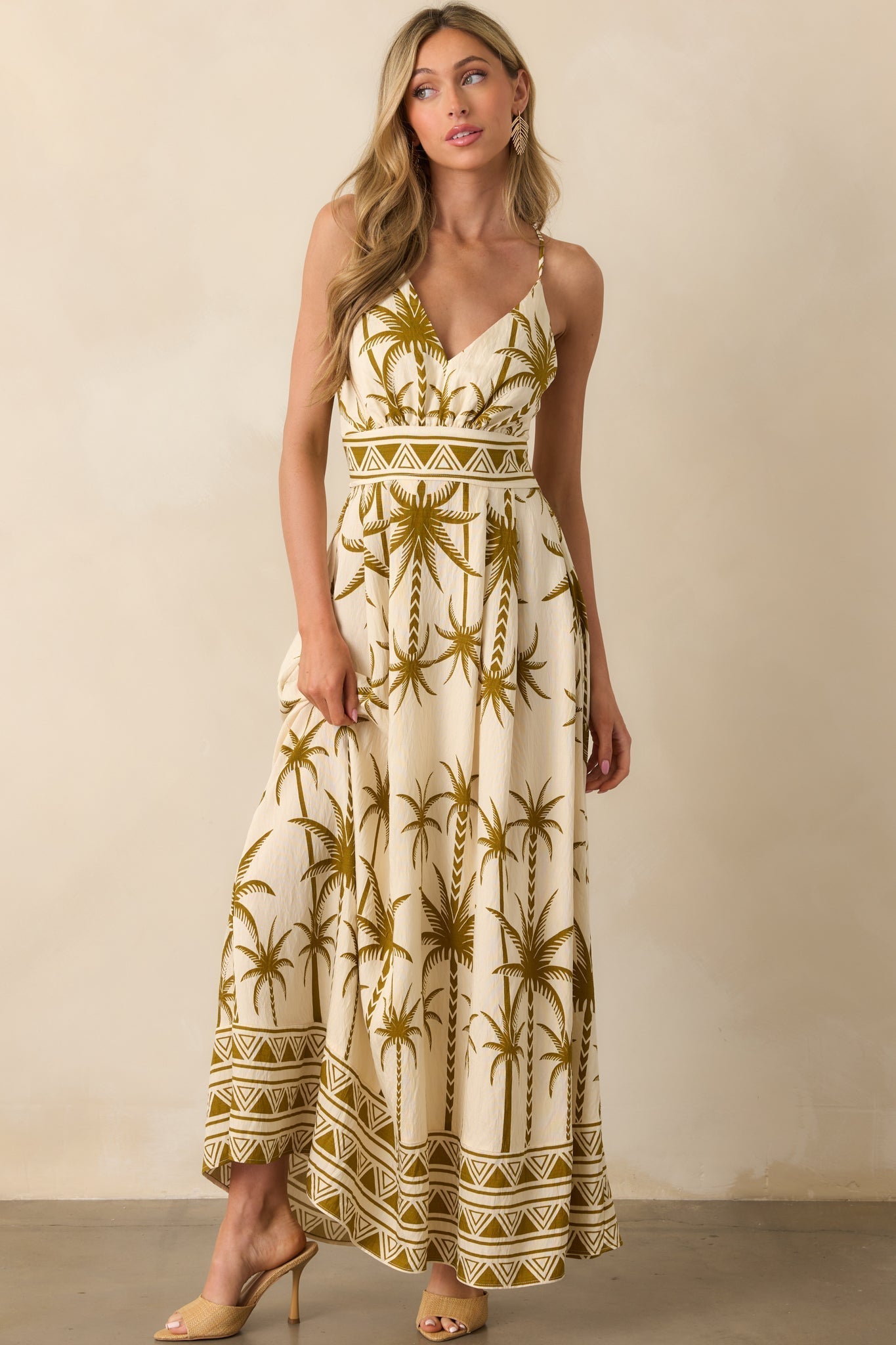 Found My Happy Place Tan Tropical Print Open Back Maxi Dress