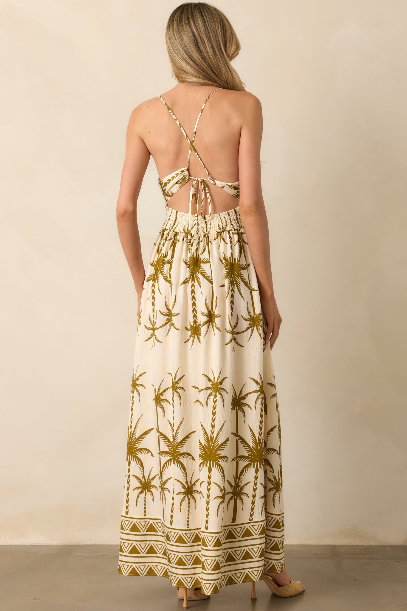 Found My Happy Place Tan Tropical Print Open Back Maxi Dress