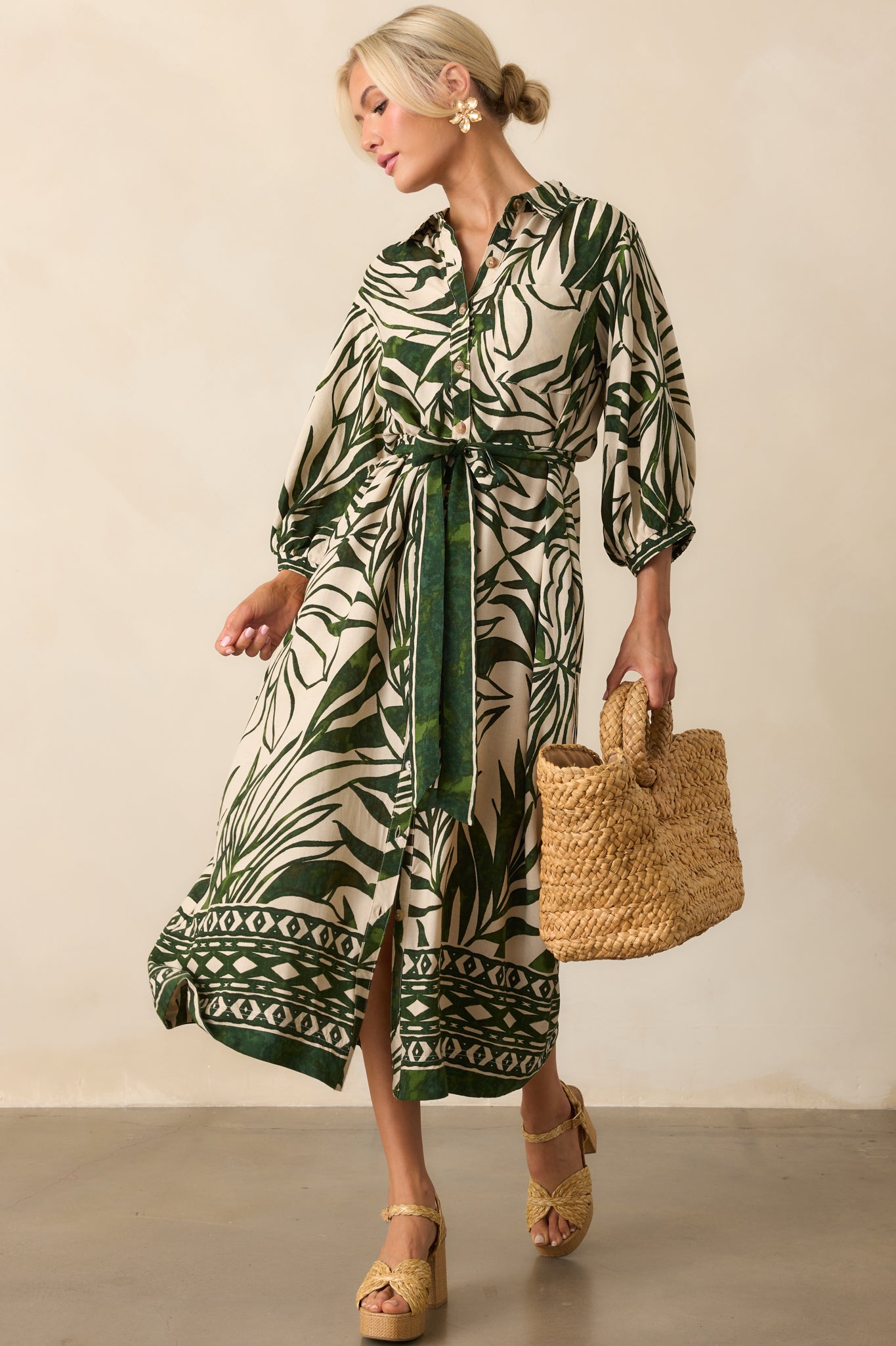 Stick To The Plan Green Tropical Print Linen Blend Maxi Dress