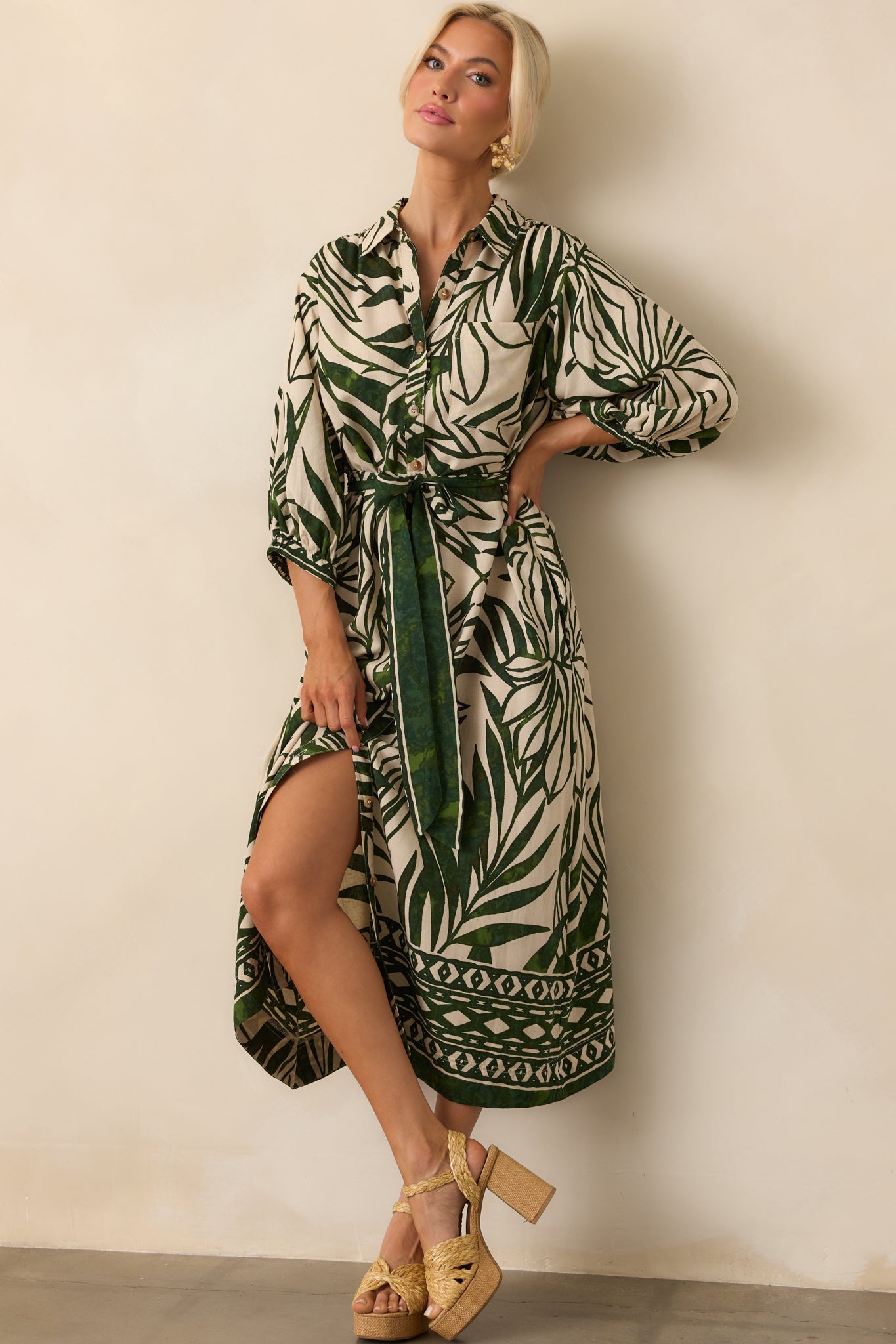Stick To The Plan Green Tropical Print Linen Blend Maxi Dress