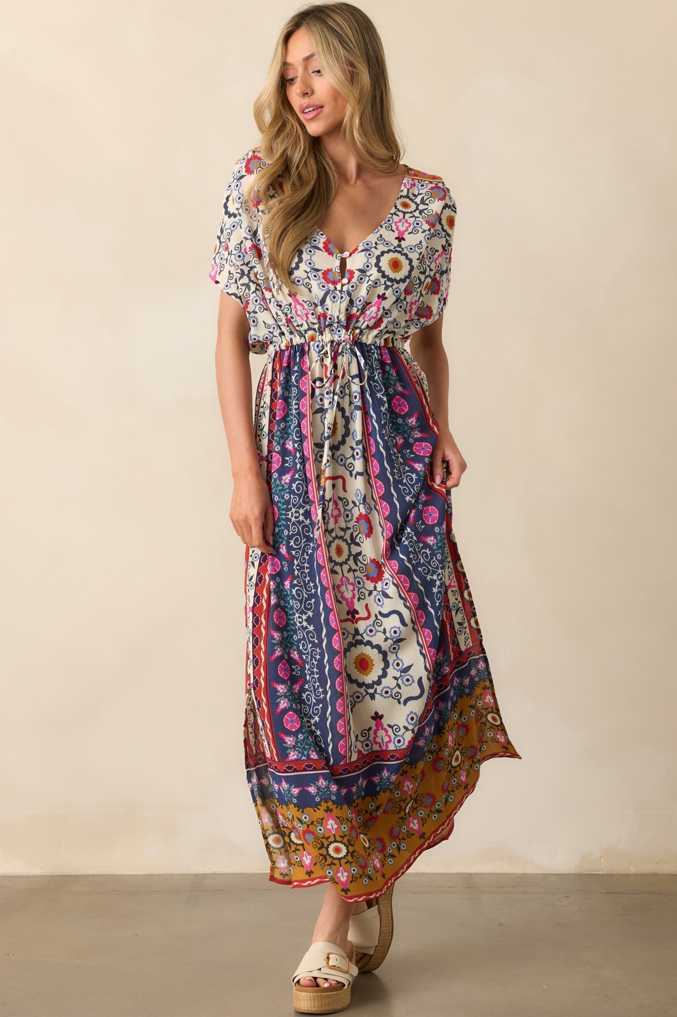 Drawn To The Horizon Navy Multi Print Short Sleeve Maxi Dress