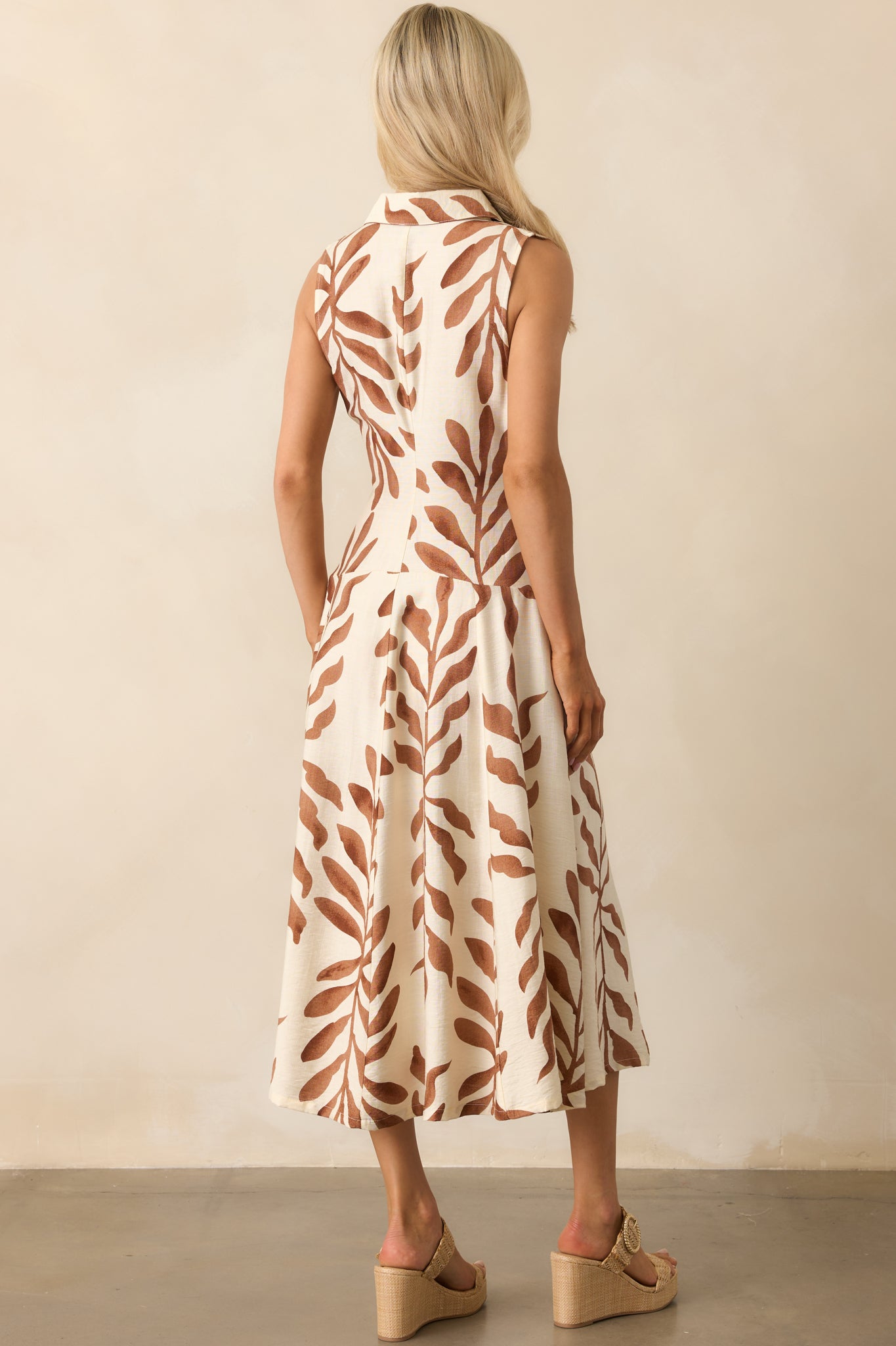 Already Handled It Light Brown Botanical Print Midi Shirt Dress