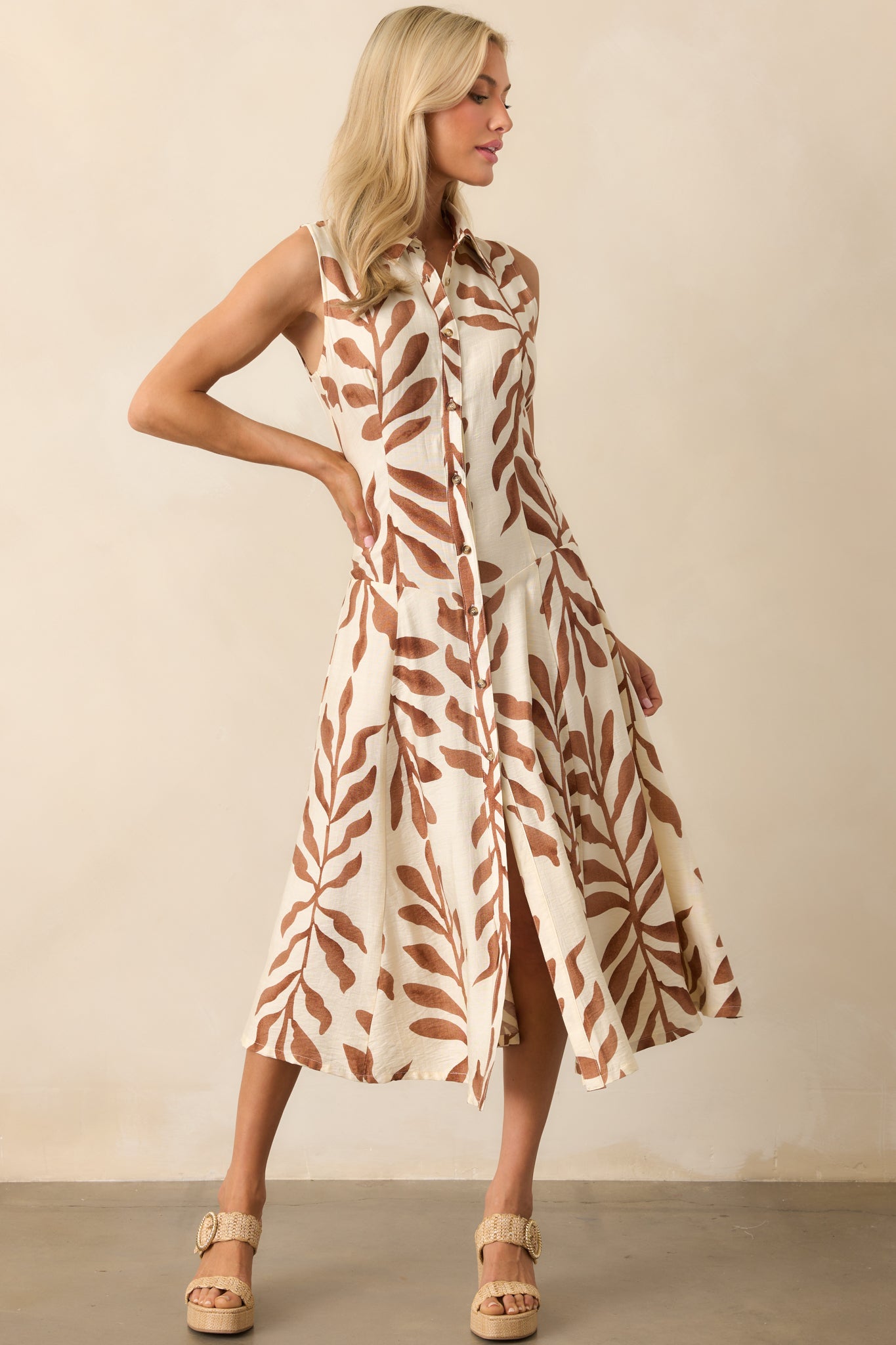 Already Handled It Light Brown Botanical Print Midi Shirt Dress