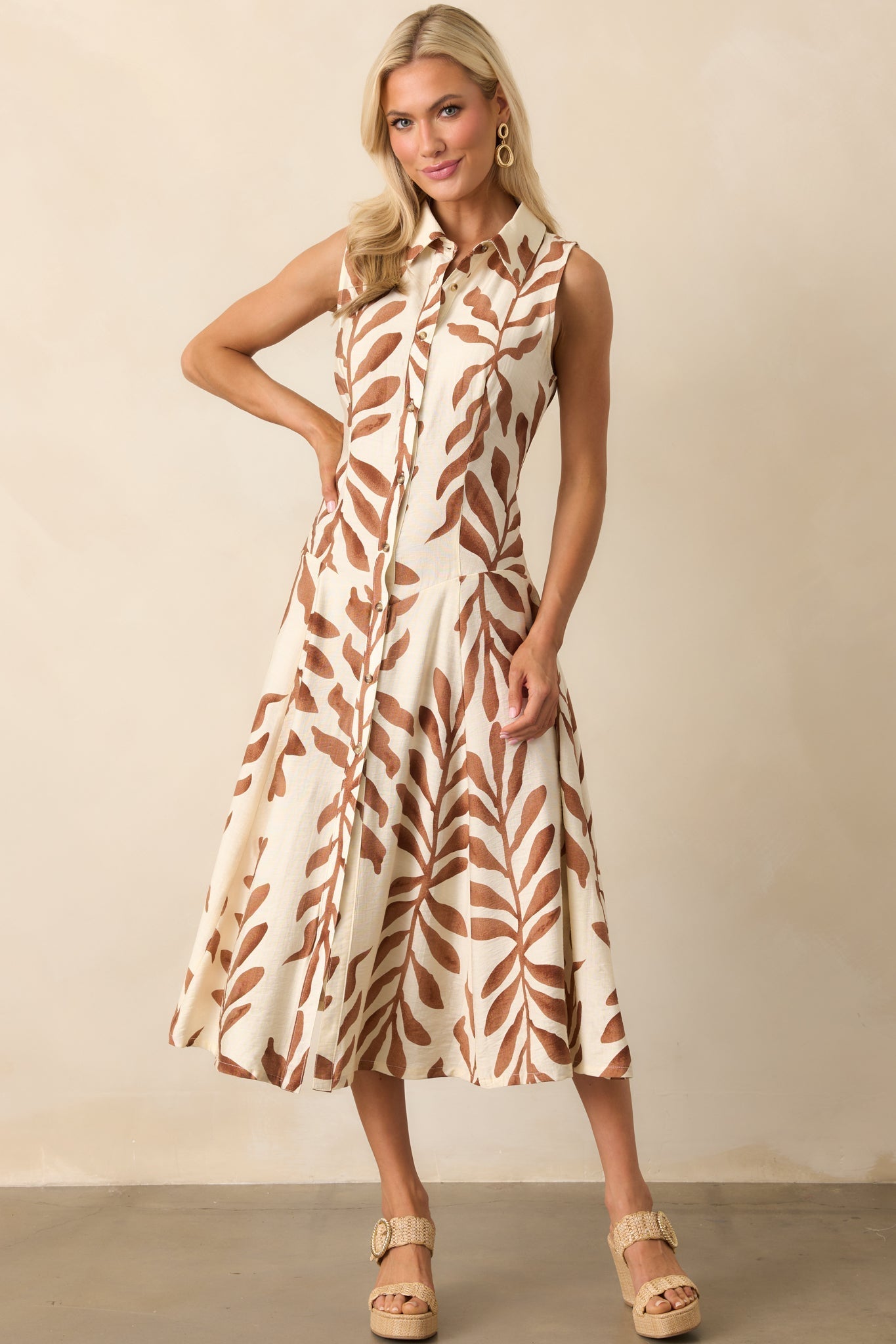 Already Handled It Light Brown Botanical Print Midi Shirt Dress