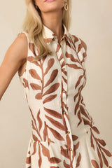 Already Handled It Light Brown Botanical Print Midi Shirt Dress