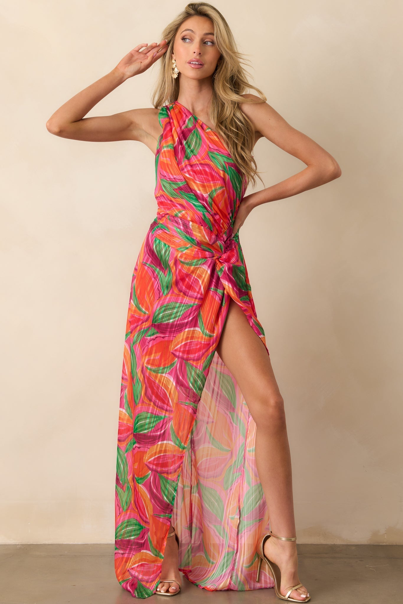 Shining Brighter Orange Multi Floral Print One Shoulder Maxi Dress