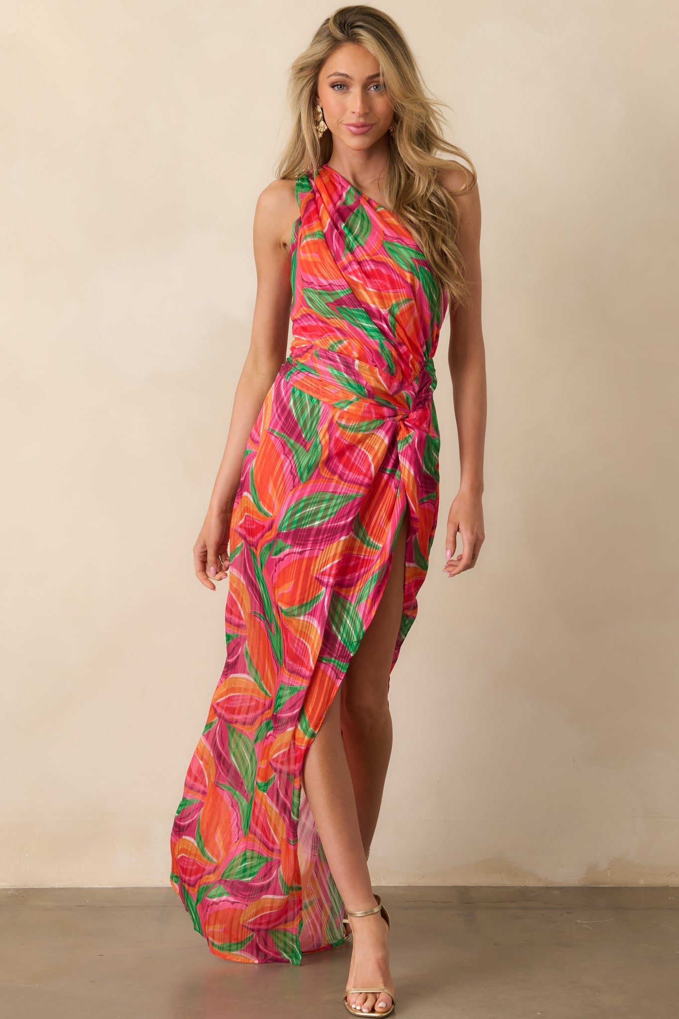 Shining Brighter Orange Multi Floral Print One Shoulder Maxi Dress