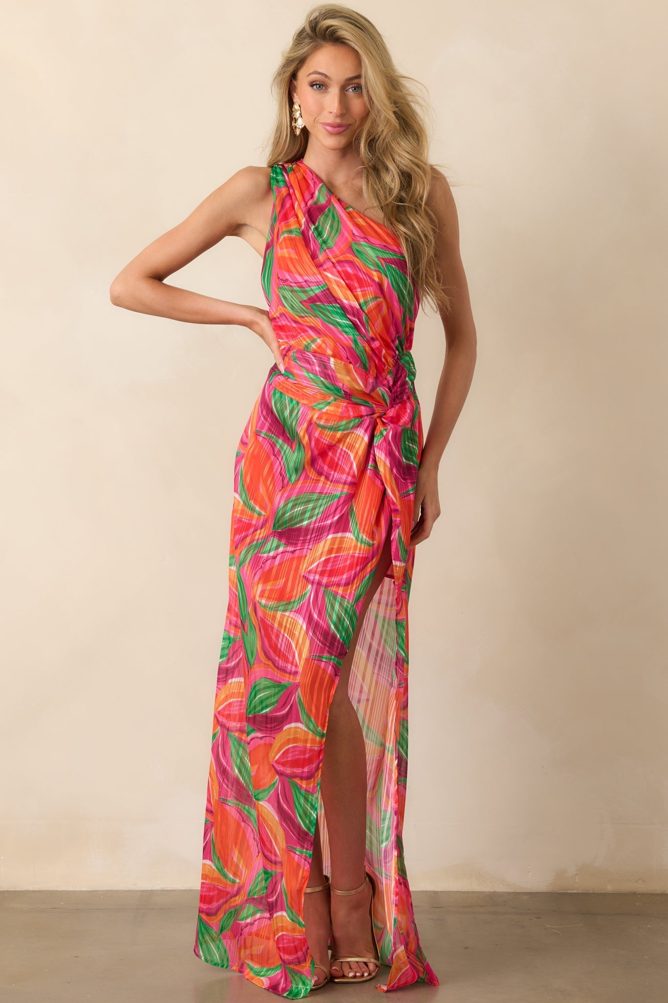Shining Brighter Orange Multi Floral Print One Shoulder Maxi Dress