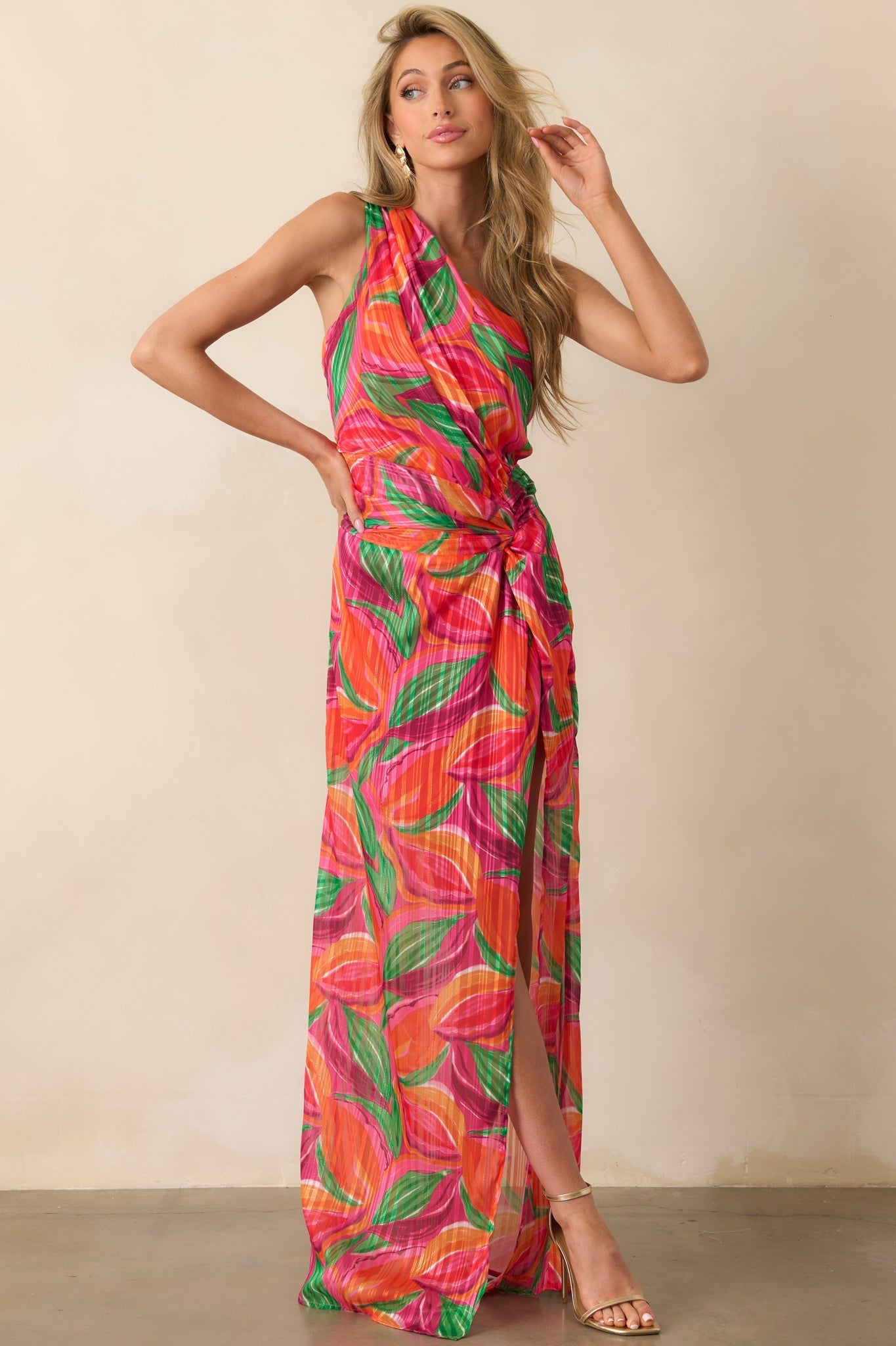 Shining Brighter Orange Multi Floral Print One Shoulder Maxi Dress