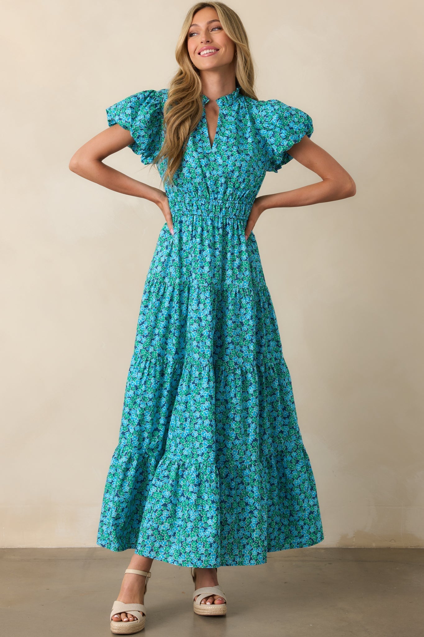 Fell For It Turquoise Floral Print Cotton Puff Sleeve Maxi Dress