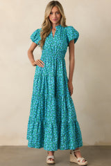 Fell For It Turquoise Floral Print Cotton Puff Sleeve Maxi Dress