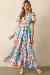 Visiting My Happy Place Blue Watercolor Print Rayon Maxi Dress