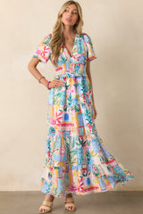 Visiting My Happy Place Blue Watercolor Print Rayon Maxi Dress