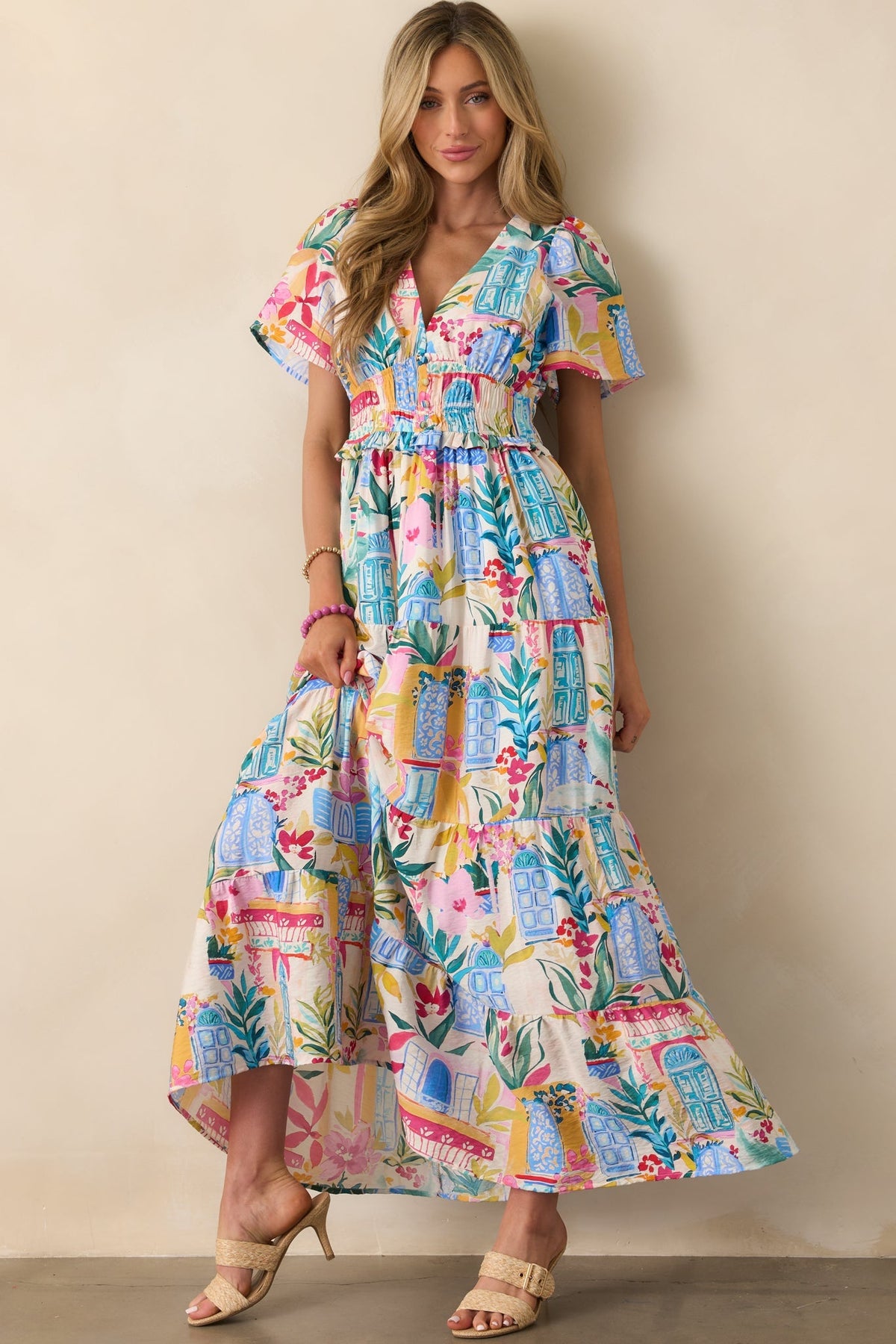 Visiting My Happy Place Blue Watercolor Print Rayon Maxi Dress