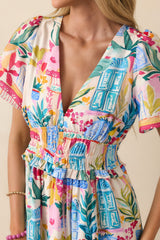 Visiting My Happy Place Blue Watercolor Print Rayon Maxi Dress