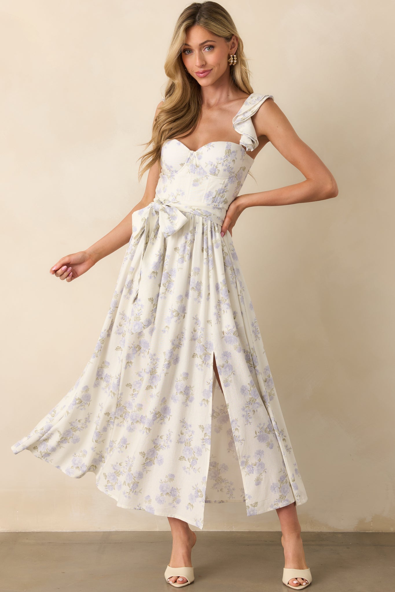 Aimee Lavender Floral Print Linen Blend Bustier Maxi Dress