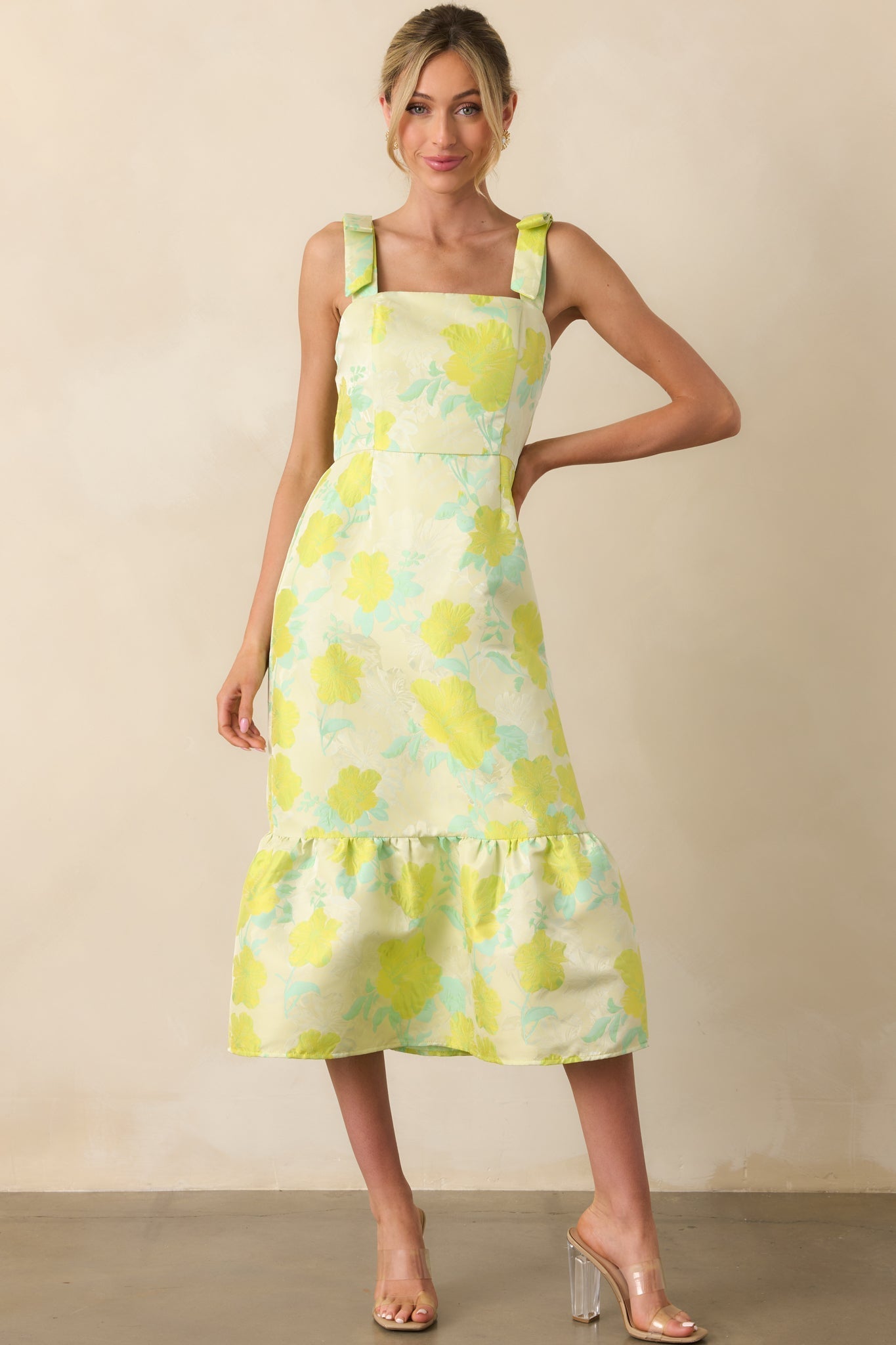 Making An Entrance Yellow Green Floral Print Jacquard Midi Dress