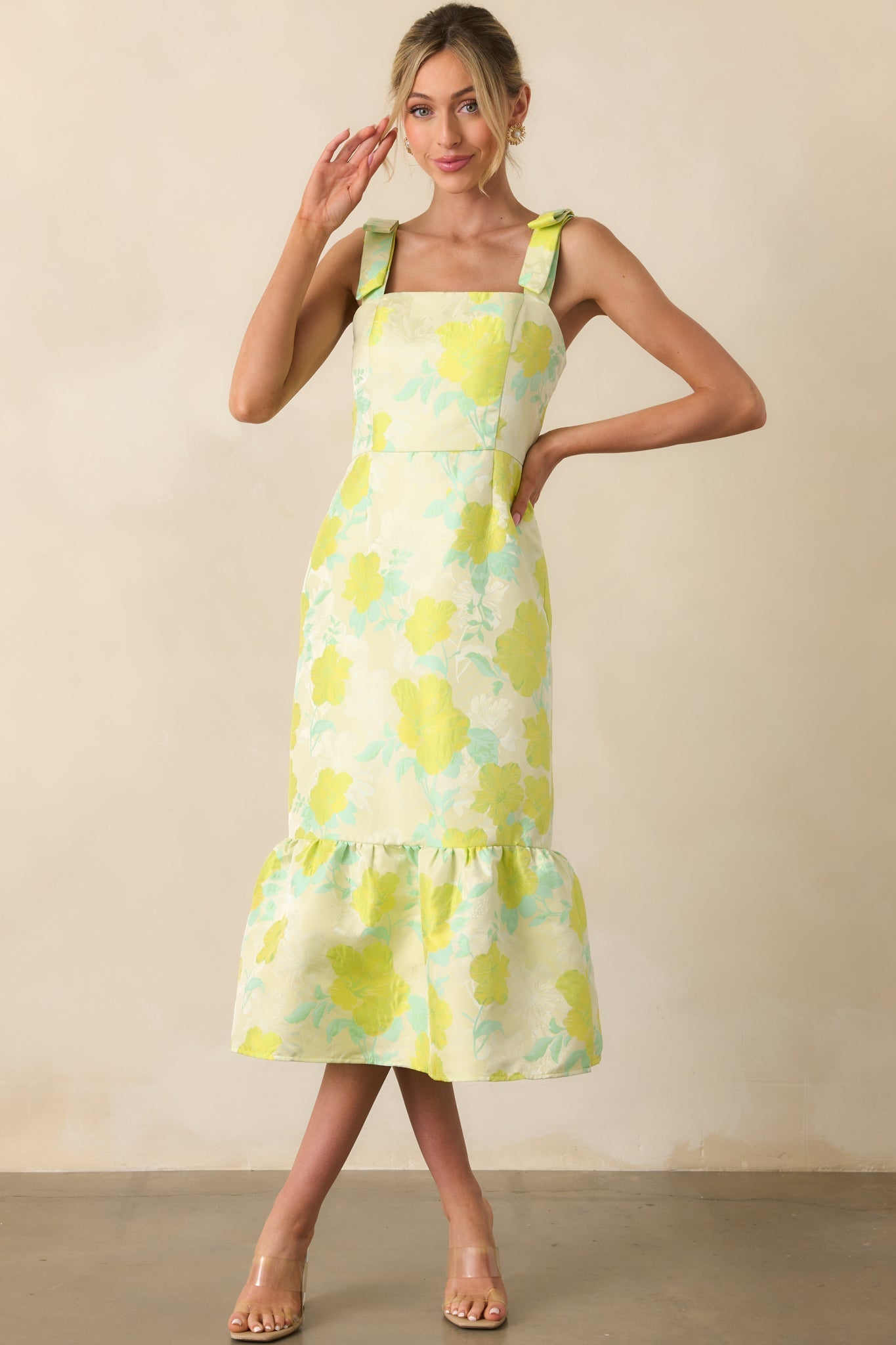 Making An Entrance Yellow Green Floral Print Jacquard Midi Dress