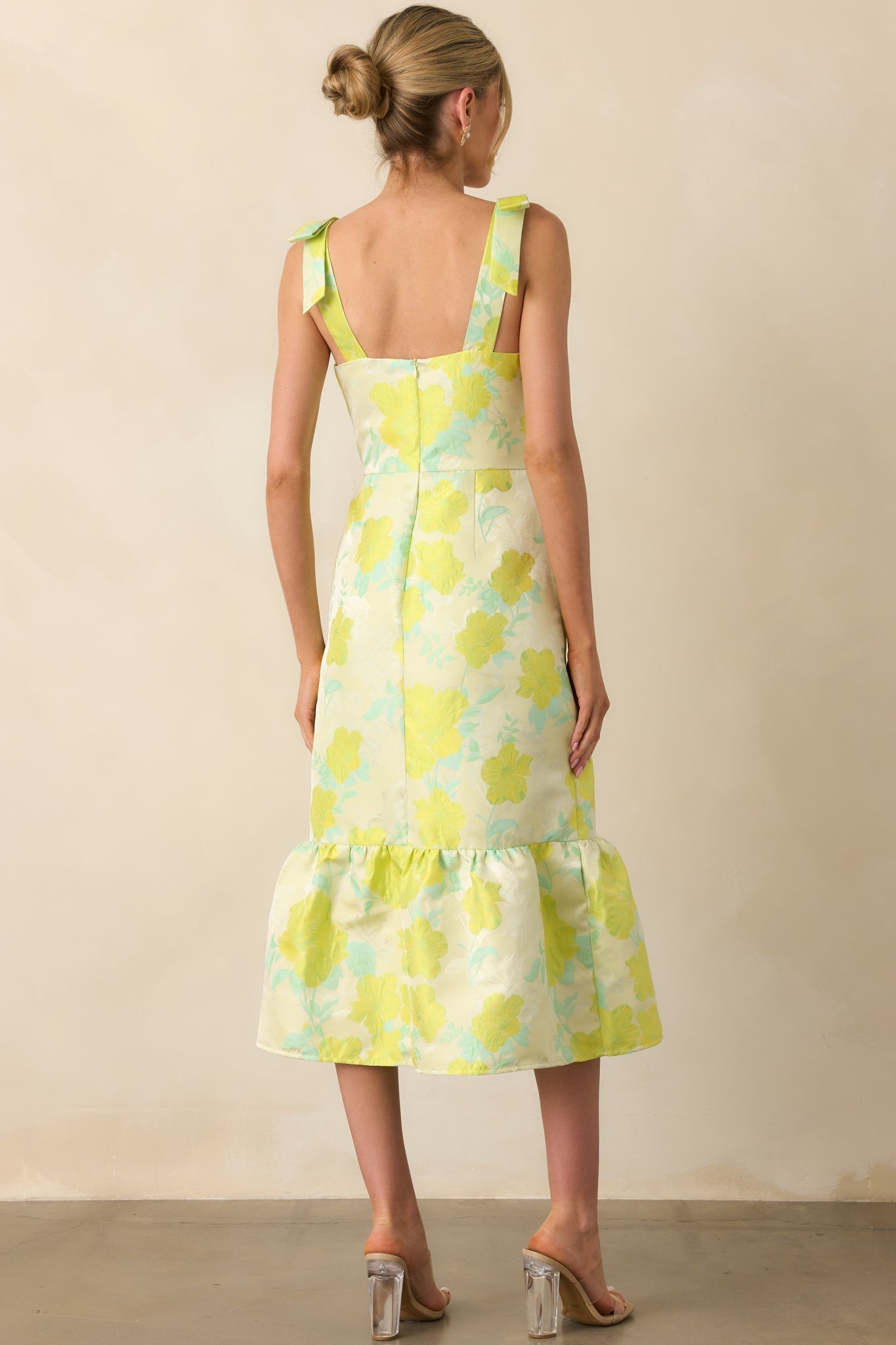 Making An Entrance Yellow Green Floral Print Jacquard Midi Dress