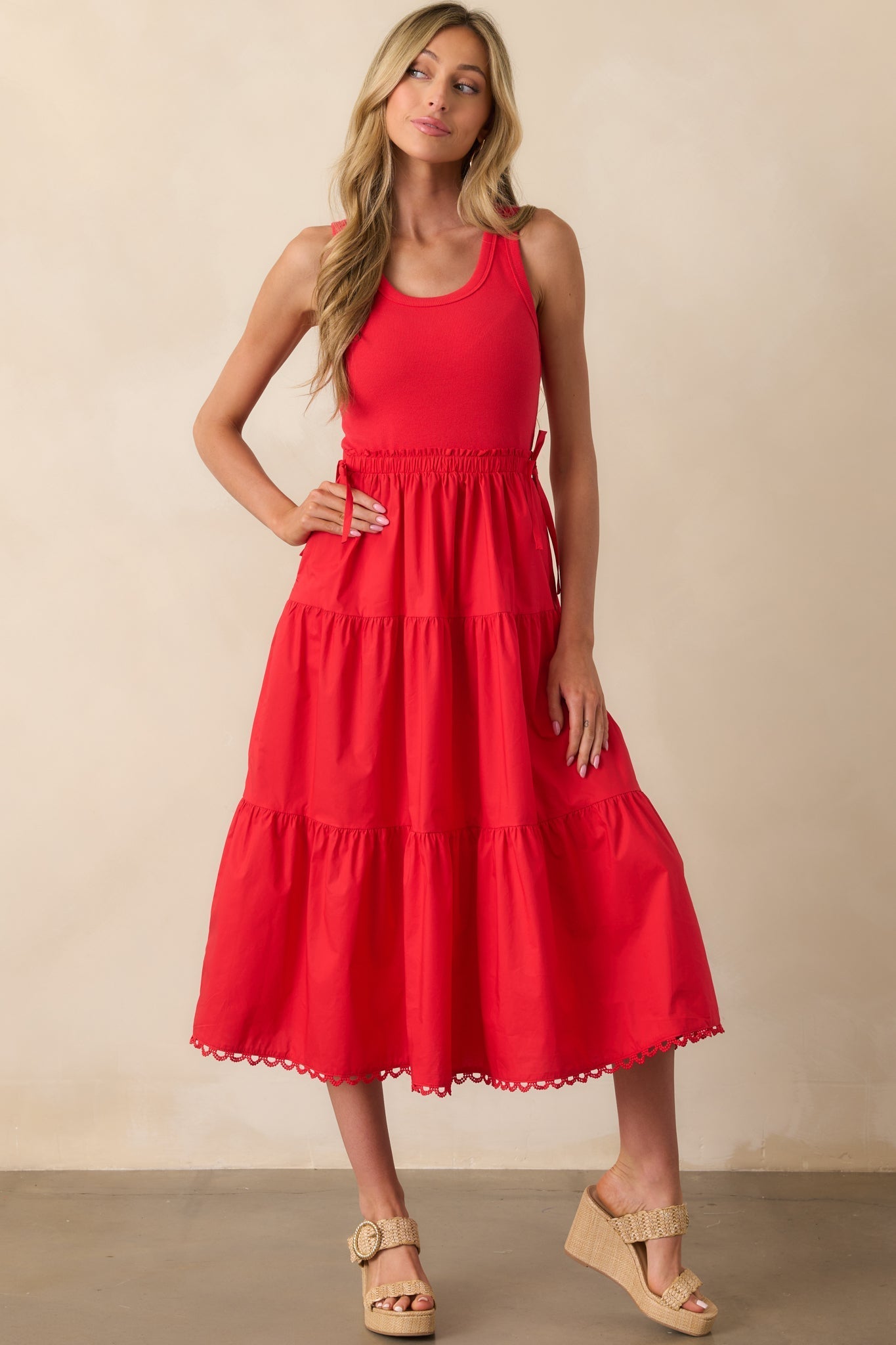 Always The Right Time Red Cotton Sleeveless Midi Dress