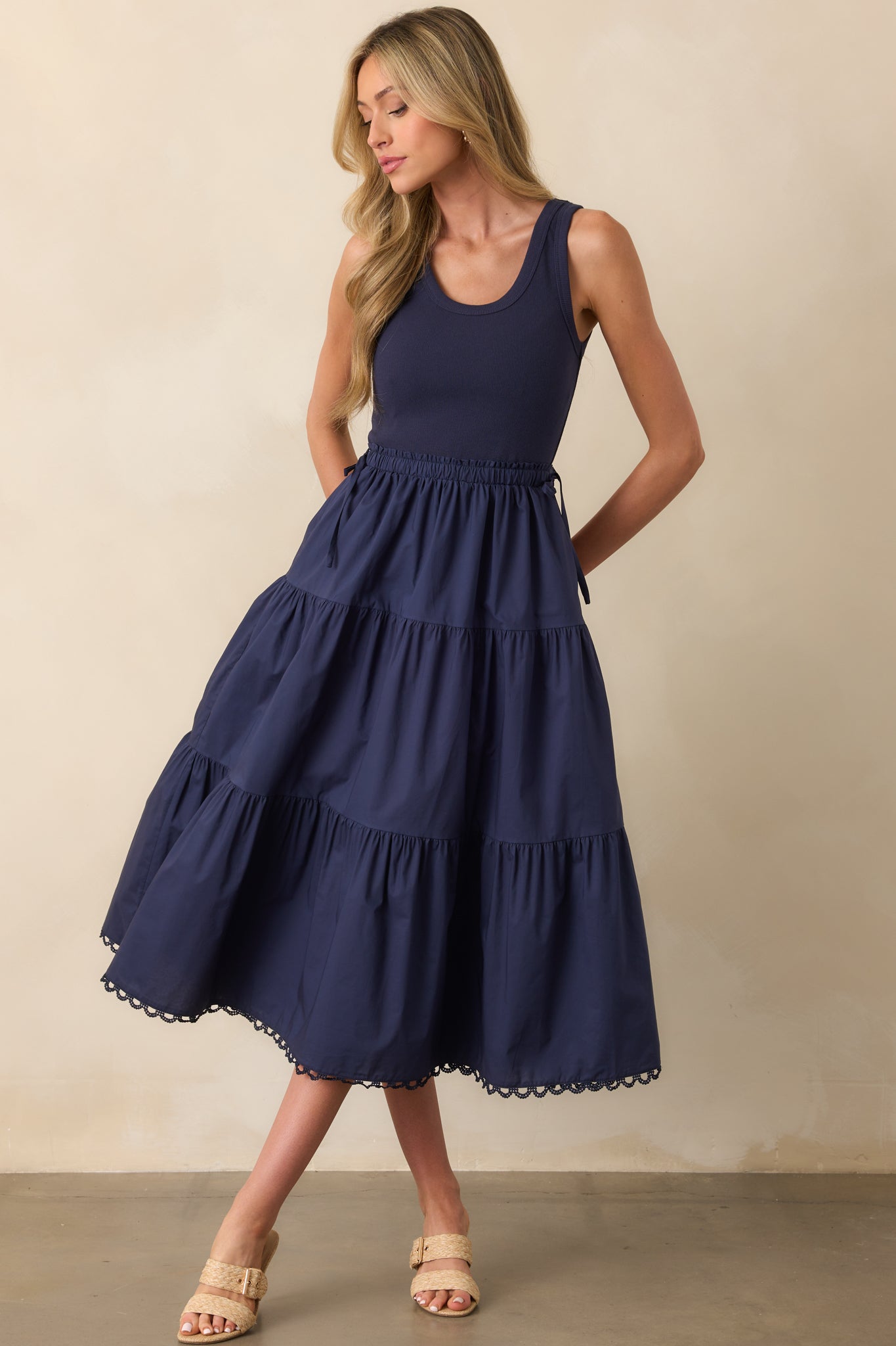 Always The Right Time Navy Cotton Sleeveless Midi Dress
