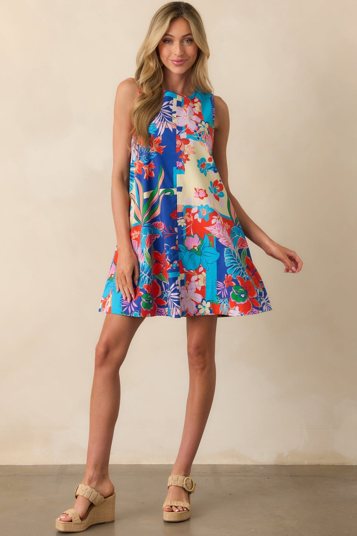 Glow From Within Blue Tropical Floral Cotton Mini Shift Dress