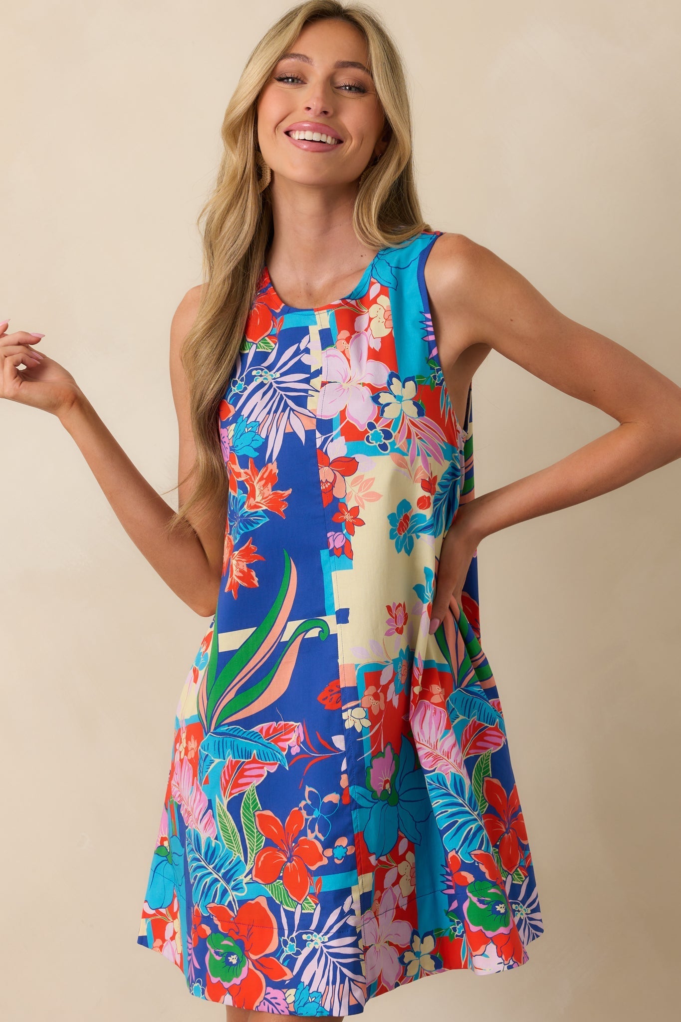 Glow From Within Blue Tropical Floral Cotton Mini Shift Dress