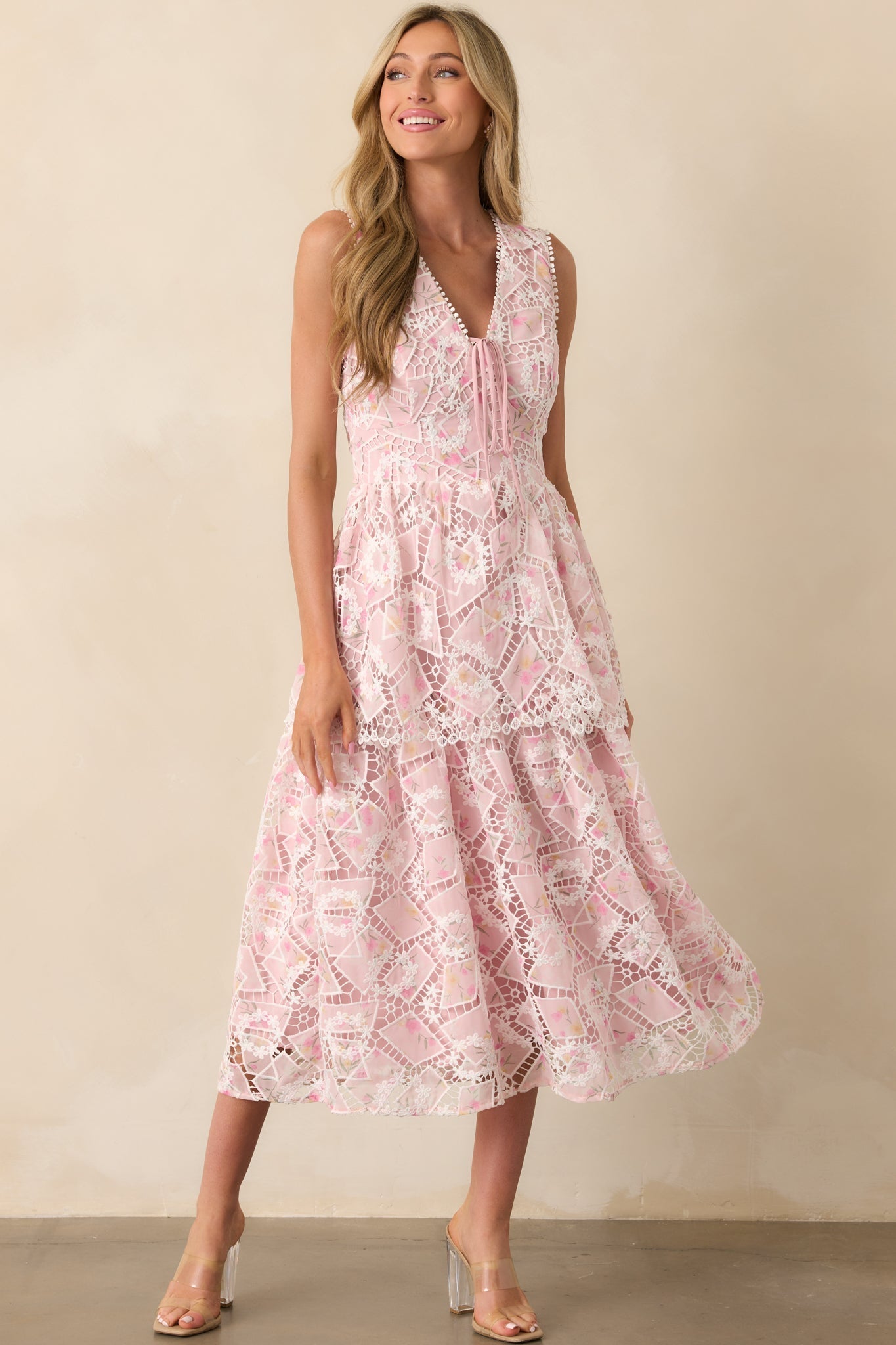 Something Nice Light Pink Floral Embroidered Midi Dress