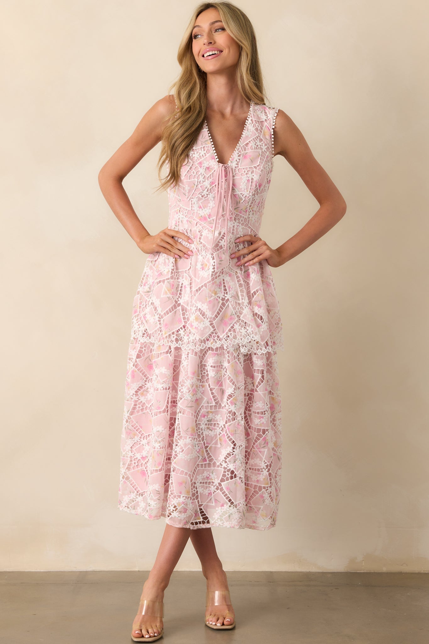 Something Nice Light Pink Floral Embroidered Midi Dress