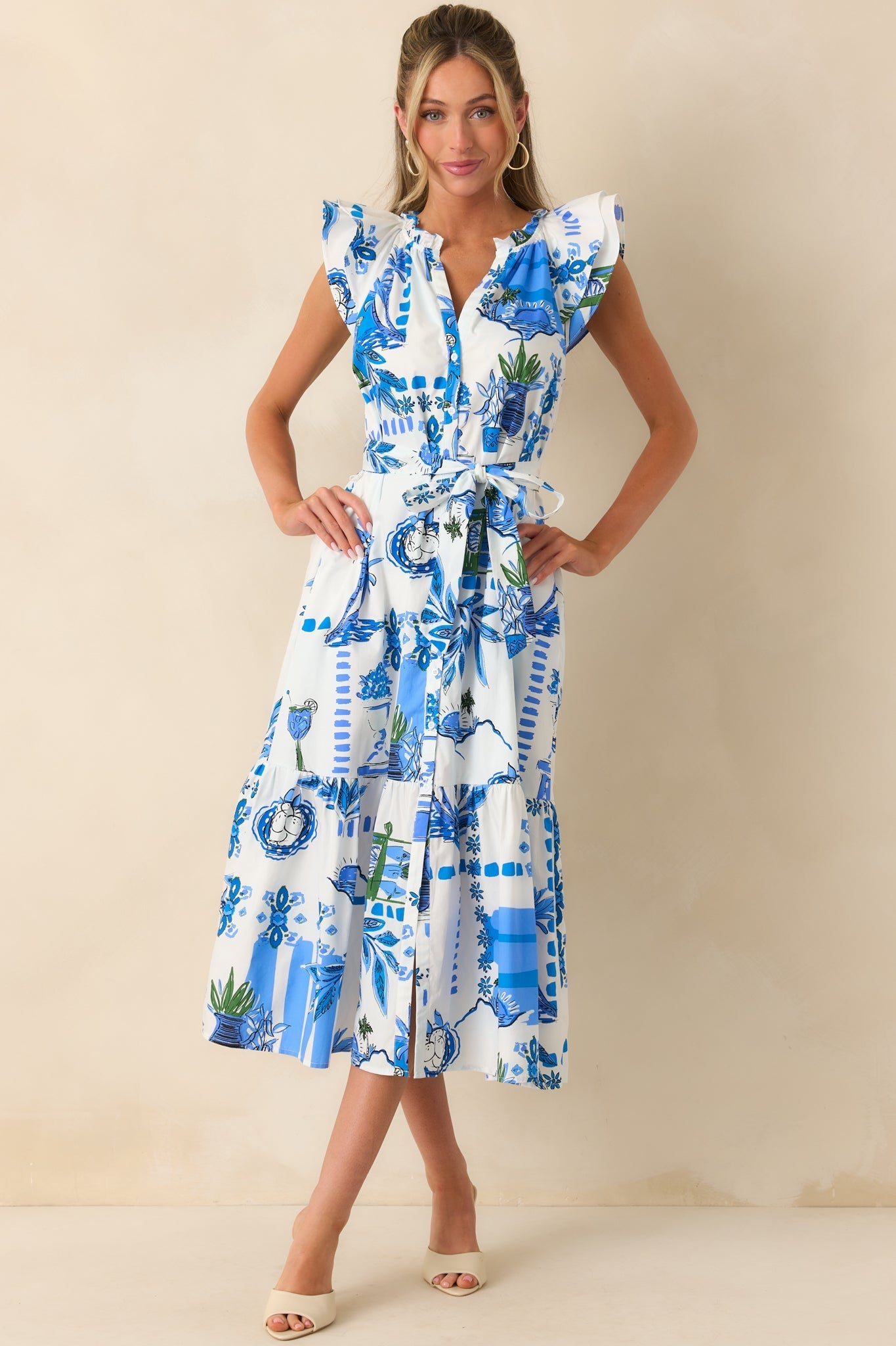 You're Glowing Blue Tropical Print Cotton Button Front Maxi Dress