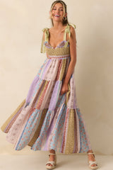 Sweeter Somehow Lavender Floral Print Patchwork Embroidered Maxi Dress