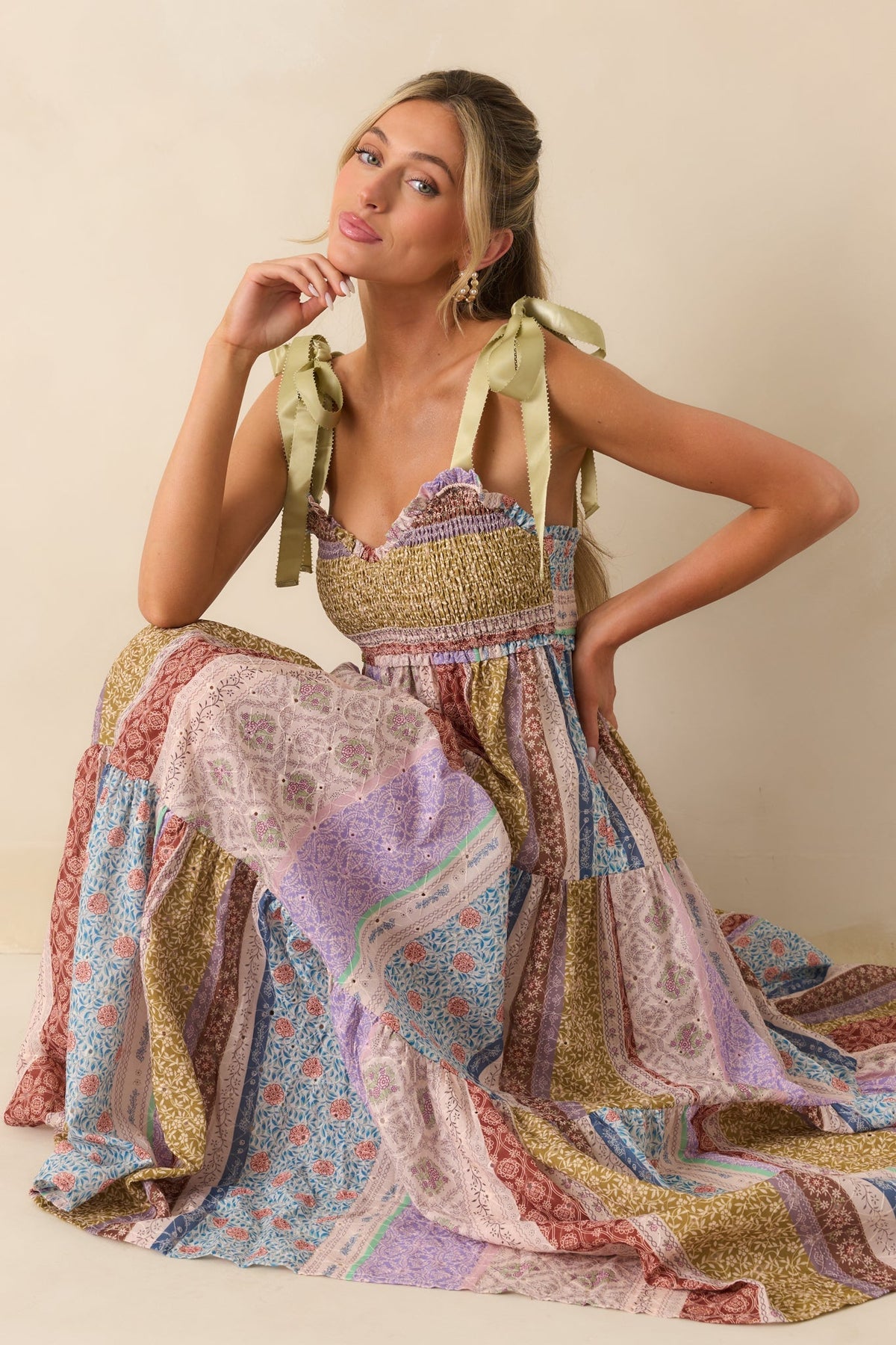 Sweeter Somehow Lavender Floral Print Patchwork Embroidered Maxi Dress