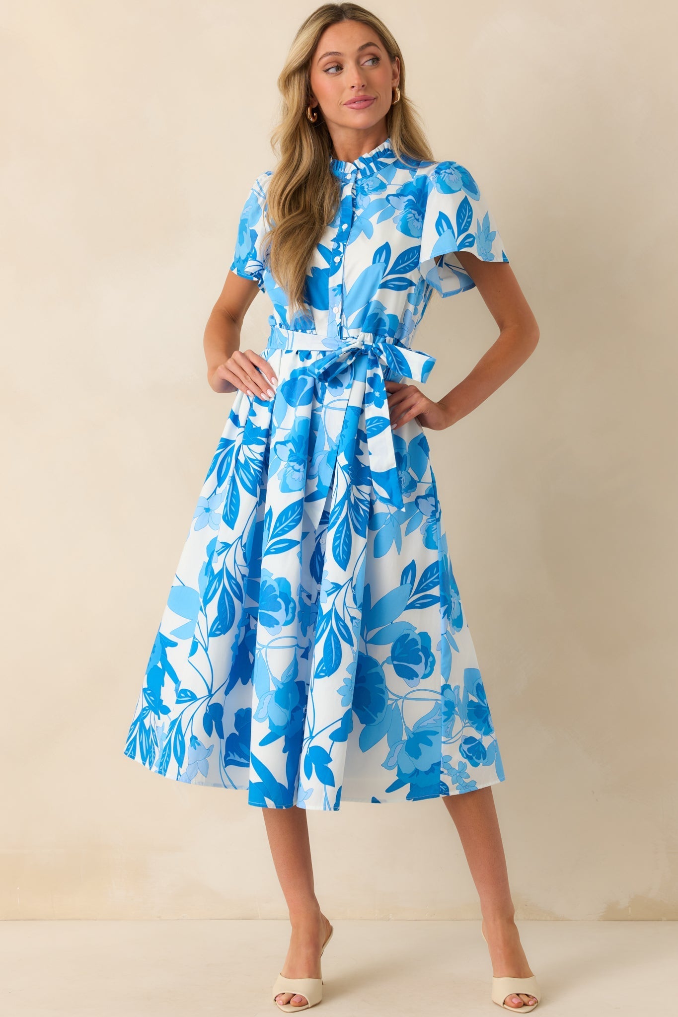 Happened So Naturally Blue Floral Print Cotton Midi Shirt Dress