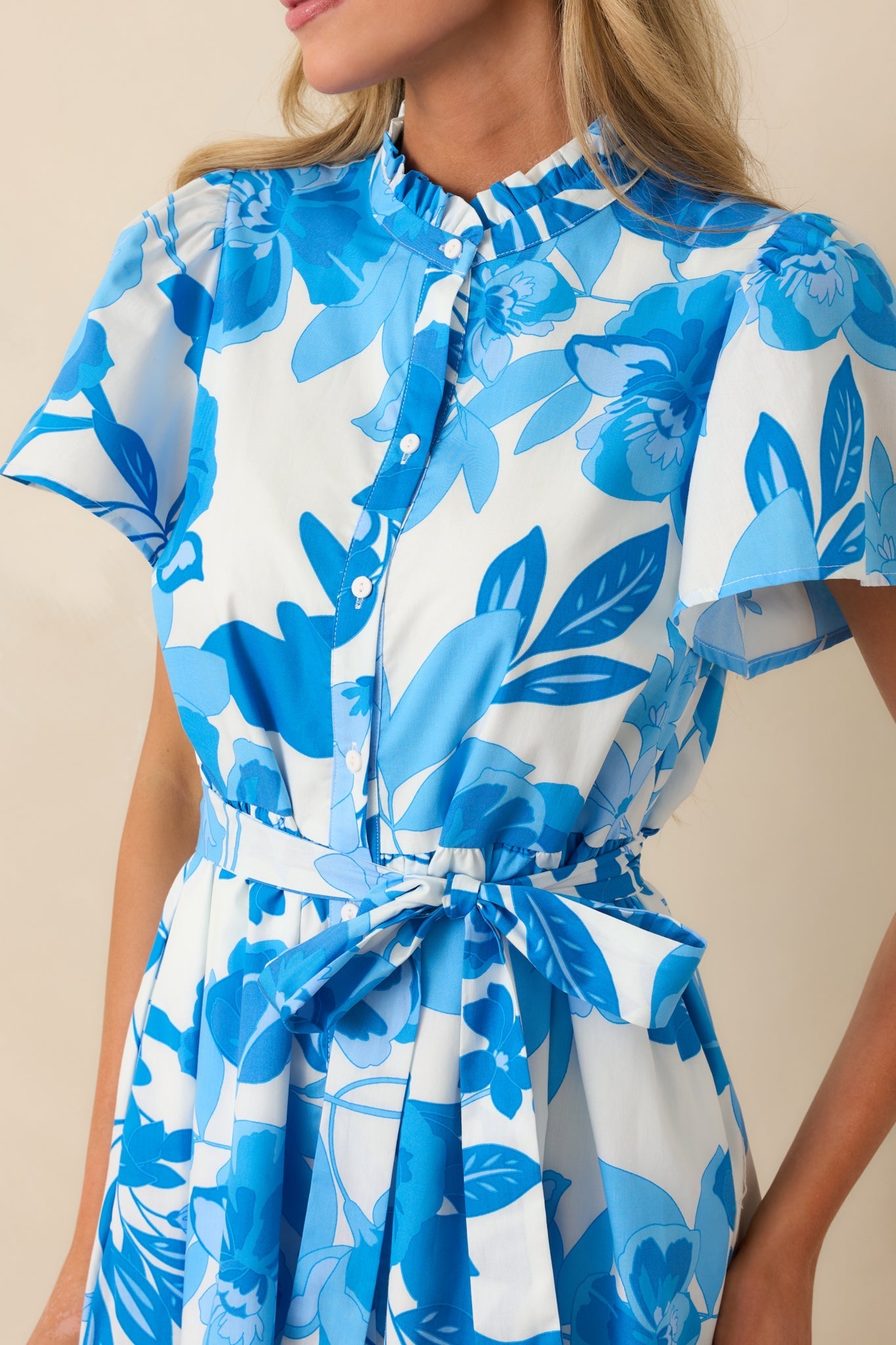 Happened So Naturally Blue Floral Print Cotton Midi Shirt Dress