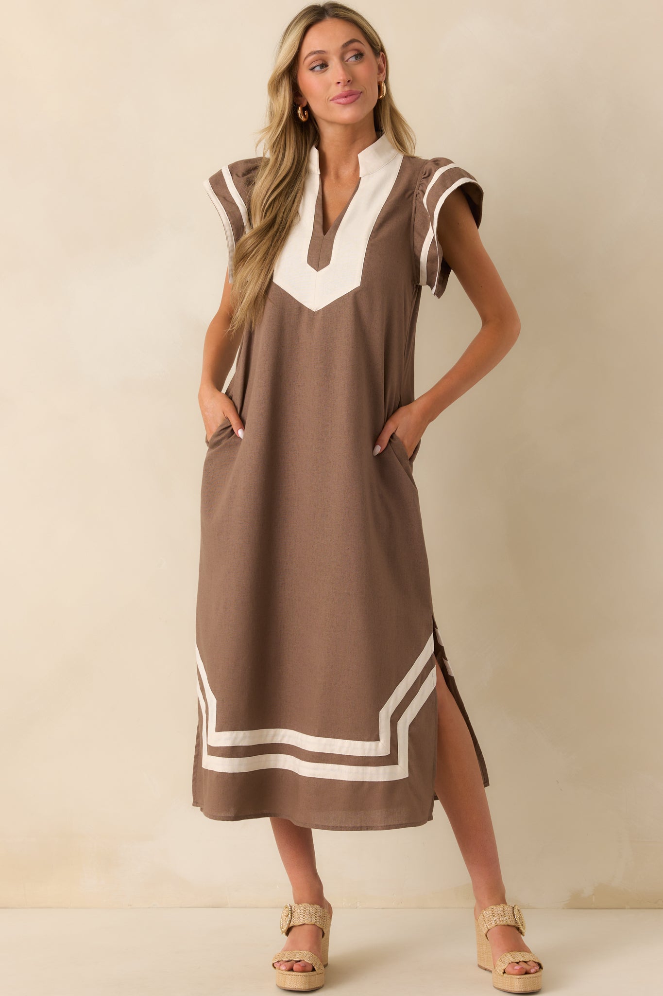 As Good As It Gets Mocha Linen Cotton Blend Kaftan Maxi Dress