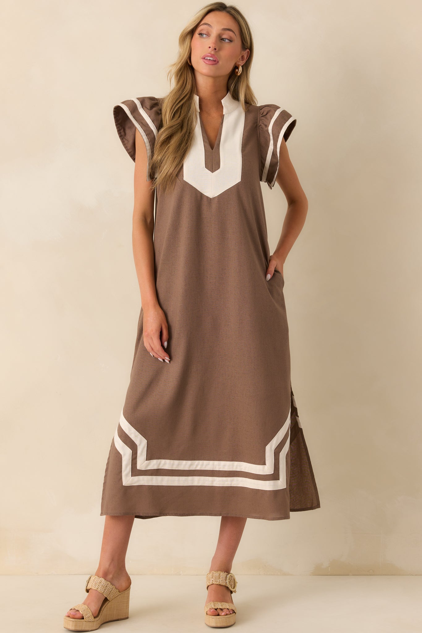 As Good As It Gets Mocha Linen Cotton Blend Kaftan Maxi Dress