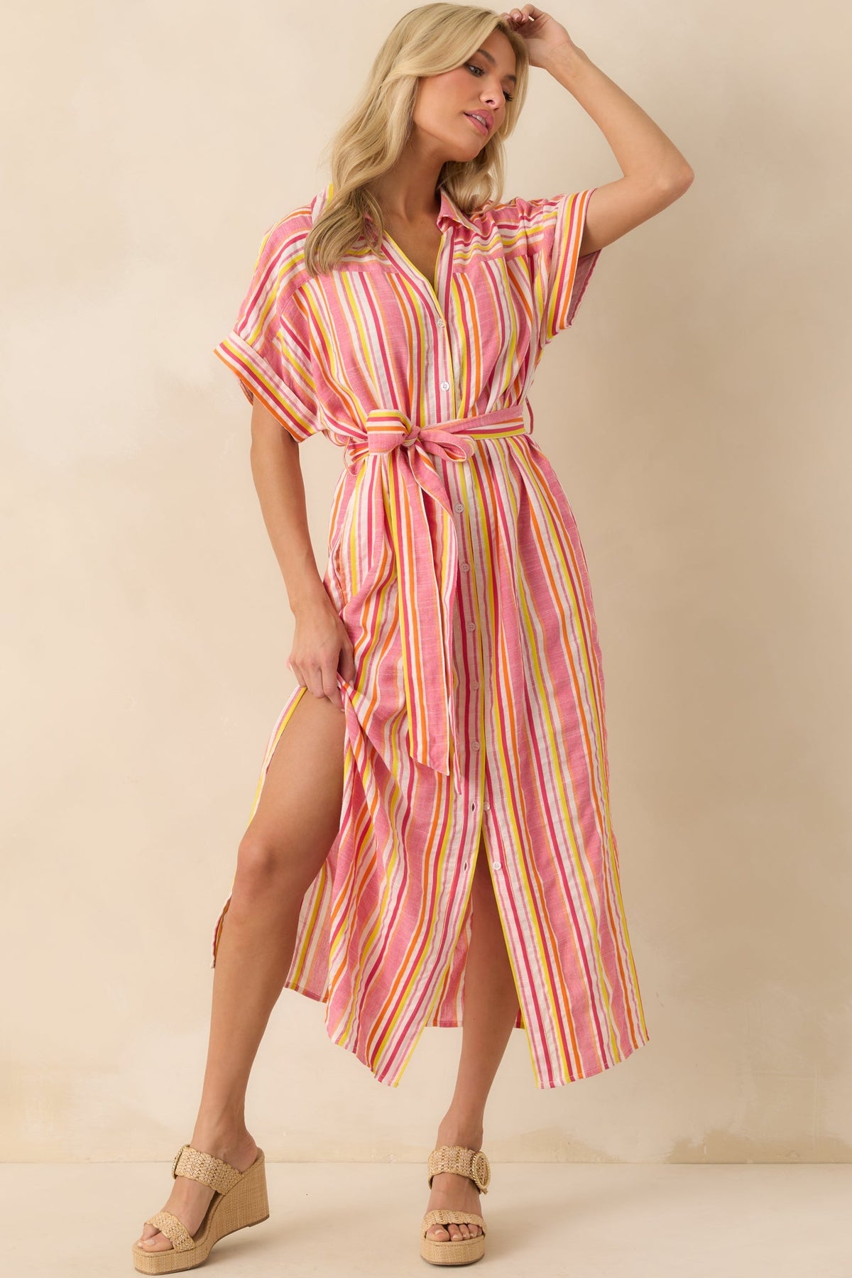 I Could Never Forget You Pink Stripe Rayon Maxi Shirt Dress