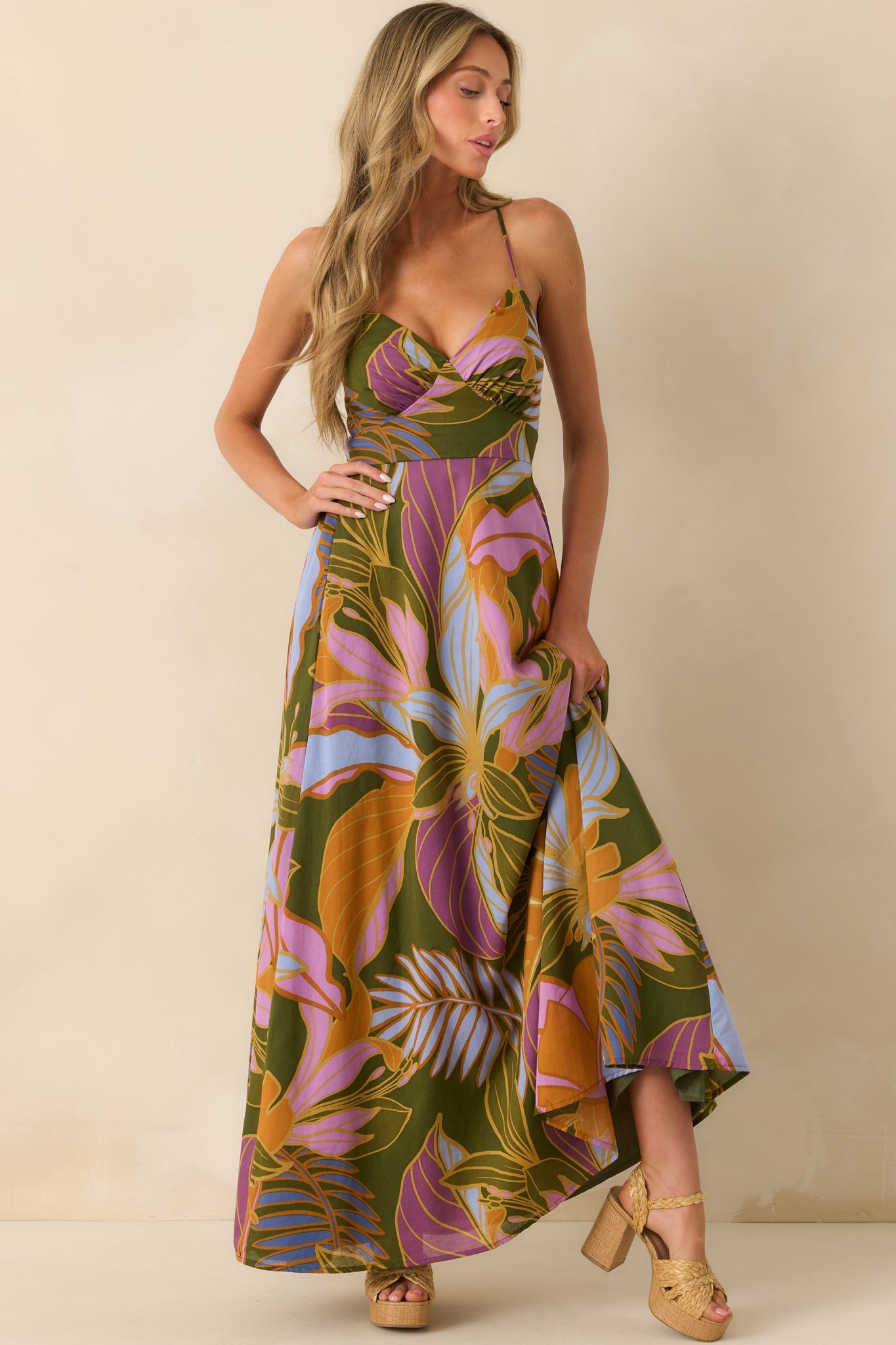Making Today Mine Olive Green Multi Floral Print Cotton Maxi Dress