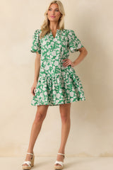 Where It All Begins Green Floral Print Cotton Mini Dress