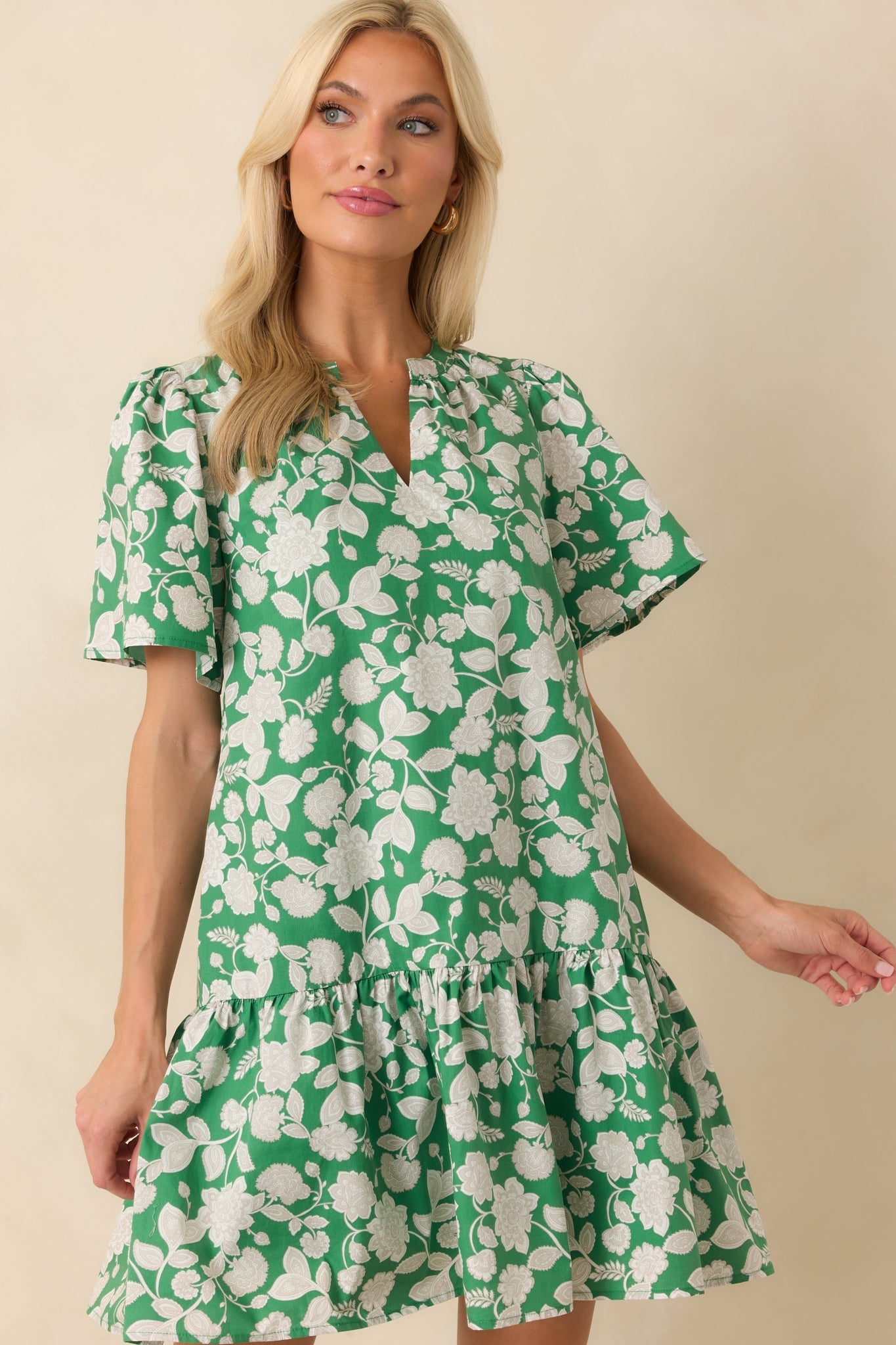 Where It All Begins Green Floral Print Cotton Mini Dress