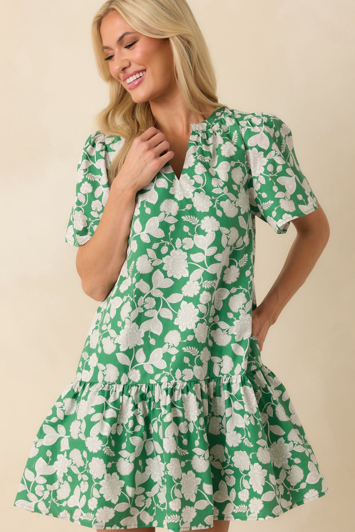 Where It All Begins Green Floral Print Cotton Mini Dress