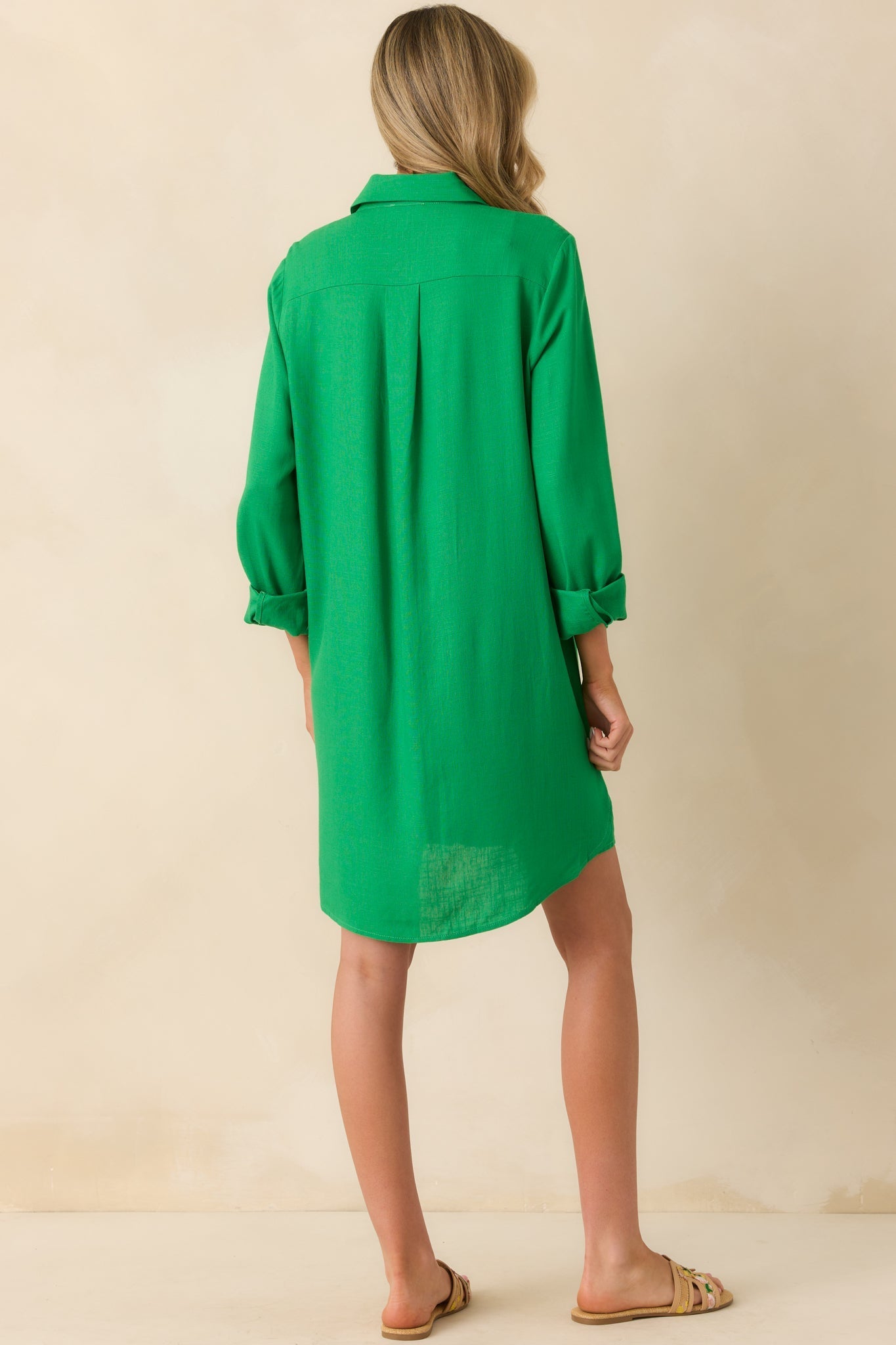Wild At Heart Kelly Green Linen Blend Mini Shirt Dress