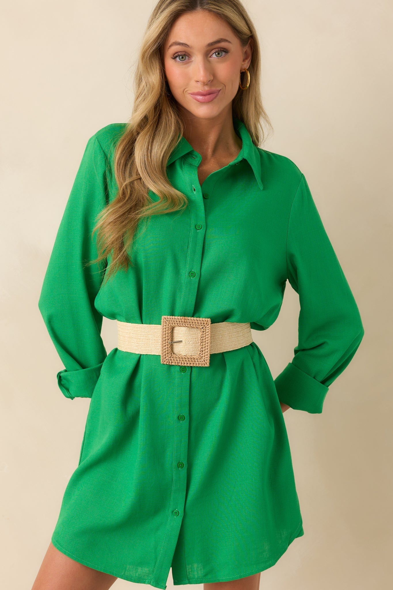 Wild At Heart Kelly Green Linen Blend Mini Shirt Dress