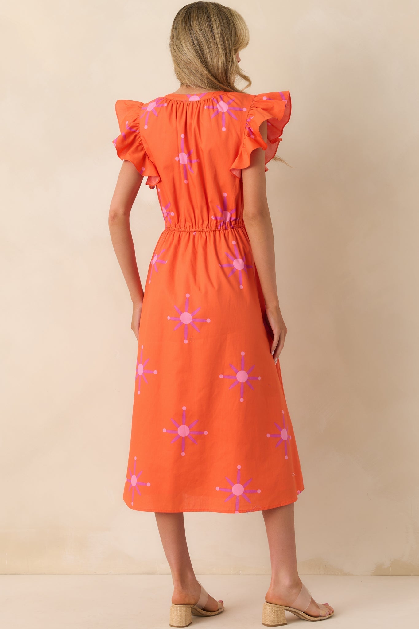 Don't Know Why Orange Floral Cotton Flutter Sleeve Midi Dress