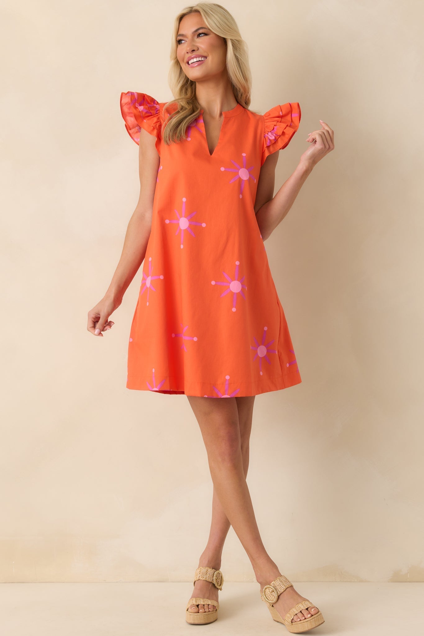 A Gentle Life Orange Floral Cotton Flutter Sleeve Mini Dress